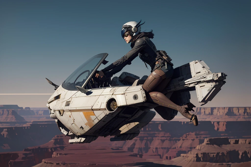 Picture of a girl, edushego na speeder without a helmet, Hair fluttering in the wind, sergey kolesov concept art, style by Craig Mullinza, inspired Craig Mullins, Obituary of Craig Mullins, Nicolas Bouvier Sparta, Craig Mullins, Spider, concept art of the speeder, bastien grivet, Syd Mead style, Cinematography by Syd Mead, Syd Mead style, sergey kolesov, against the backdrop of the Grand Canyon, lower body naked, high heel shoes