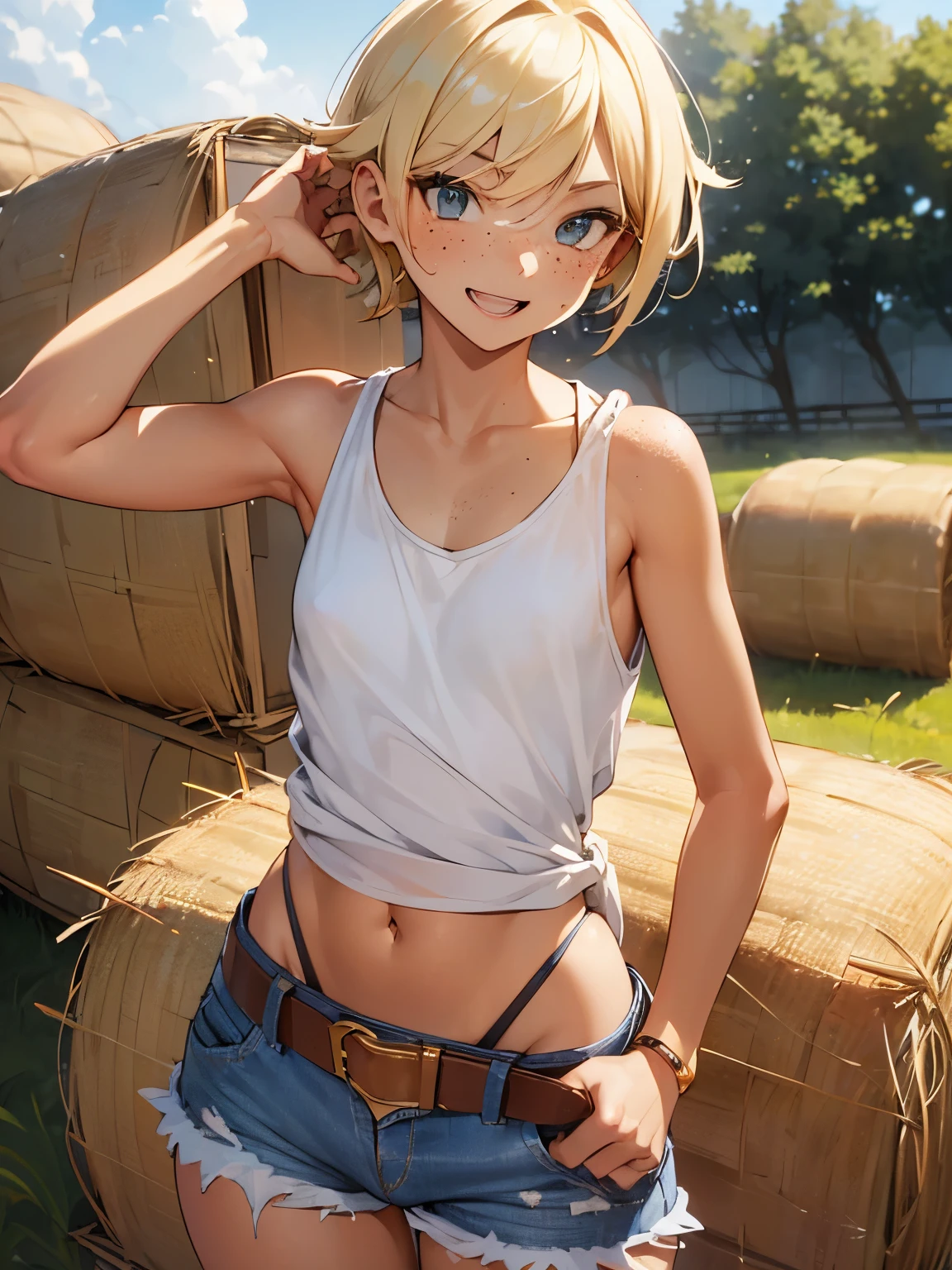 (((SHARP detail perfect face))), (flat chest), (nice hips), detailed skin, ((masterpiece)), best quality, (SHARP details), 4k, (((femboy))), (((farm))), (loose (white tank top)), ((blonde hair)), sweat, (trap), amber eyes, looking at viewer, (short hair), ((((bulge)) in (denim shorts)), (hay), smiling, open mouth, outdoors, solo, ((asymmetric hair)), ((farmboy)), (freckles), tanned, (nice butt), stable, (leather belt), (nice hips),