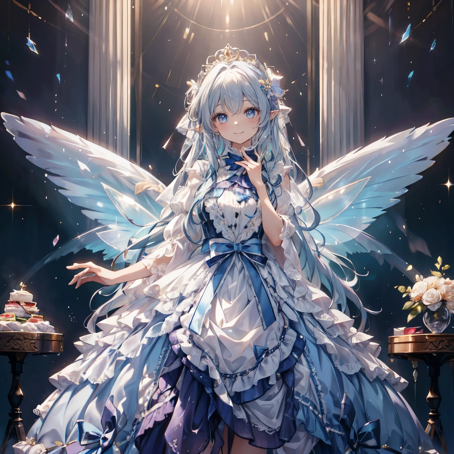 masterpiece,best quality, insanely detailed, beautiful, exquisite, 16K, Full-HD, absurdres,soft expression,((light smile,Happy:1.5))((Sparkling fluffy layered ball gown)),A large and beautiful dress inspired by rose flowers, Grasp the hem of your dress and bow slightly,lots of flowers、frills、Intricate billowy ball gown with rhinestones ( table top, art station, fantasy art:1.2), See here,Standing with an elegant smile，pastel colour,((giant white fairy wings))、gradient hair, light blue hair, hair in the wind, wavy hair,fluffy hair,tiara,lavender eyes, long eyelashes, beautiful eyes、light pink cheek,pointy ears, bright pupils, long and thin legs, golden hour, shining light, warm lighting,