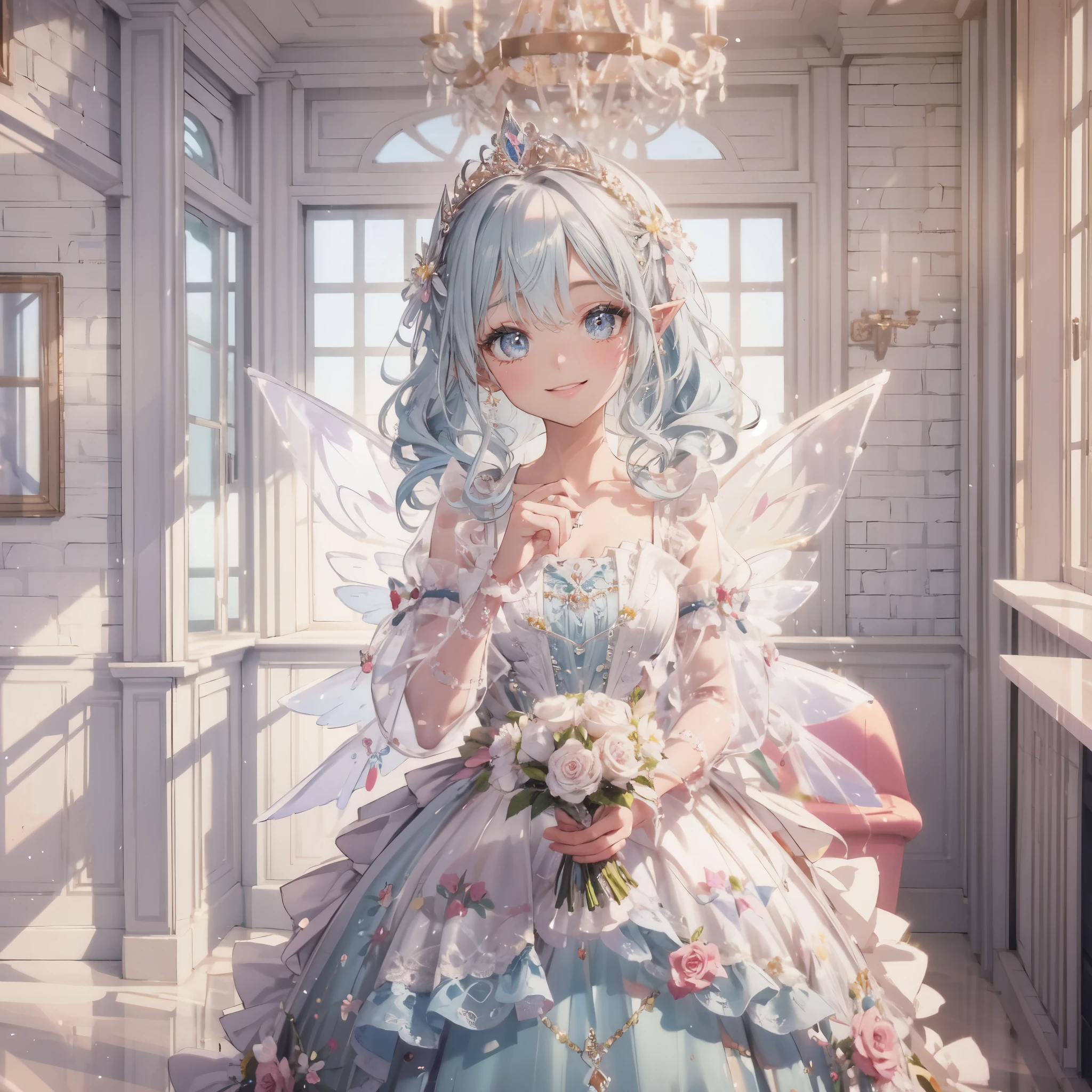 masterpiece,best quality, insanely detailed, beautiful, exquisite, 16K, Full-HD, absurdres,whitebackground,upper body,soft expression,((light smile,Happy:1.5))((Sparkling fluffy layered ball gown)),A large and beautiful dress inspired by rose flowers, Grasp the hem of your dress and bow slightly,lots of flowers、frills、Intricate billowy ball gown with rhinestones ( table top, art station, fantasy art:1.2), See here,Standing with an elegant smile，pastel colour,((giant white fairy wings))、gradient hair, light blue hair, hair in the wind, wavy hair,fluffy hair,tiara,lavender eyes, long eyelashes, beautiful eyes、light pink cheek,pointy ears, bright pupils, long and thin legs, golden hour, shining light, warm lighting,