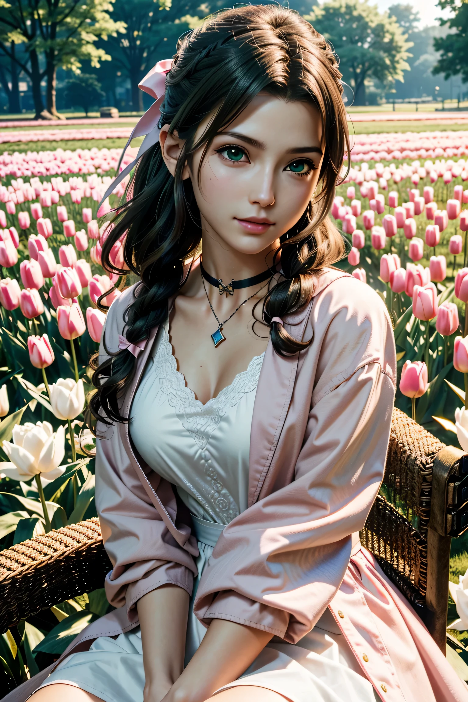 (masterpiece, 最high quality)
Air FF7, 1 girl, alone, long hair, bangs, brown hair, dress, bow, ribbon, jewelry, closed mouth, green eyes, red jacket, hair ピンクribbon, Upper body, Braid, hair bow, side lock, choker, necklace, lips, parted bangs, pink bow, portrait, ピンクdress,  realistic,Super high quality,high quality,masterpiece,digital single lens reflex,Detailed details,exquisite details,based on anatomical basis,depicted in detail,detailed face,realistic skin texture,vivid details,perfect anatomy,perfect anatomy,anatomically correct hand,anatomically correct fingers,Super detailed,Complex 3D rendering,Huge ,sexy pose,The beautiful world of Final Fantasy 7,The morning sun is beautiful,Amazing blue sky,beautiful tulip field,mysterious tulip field,beauty like a painting,Take a full body photo,nine heads and bodies,pink lip,emphasize the beautiful whole body,beautiful nails,lazy smile,

