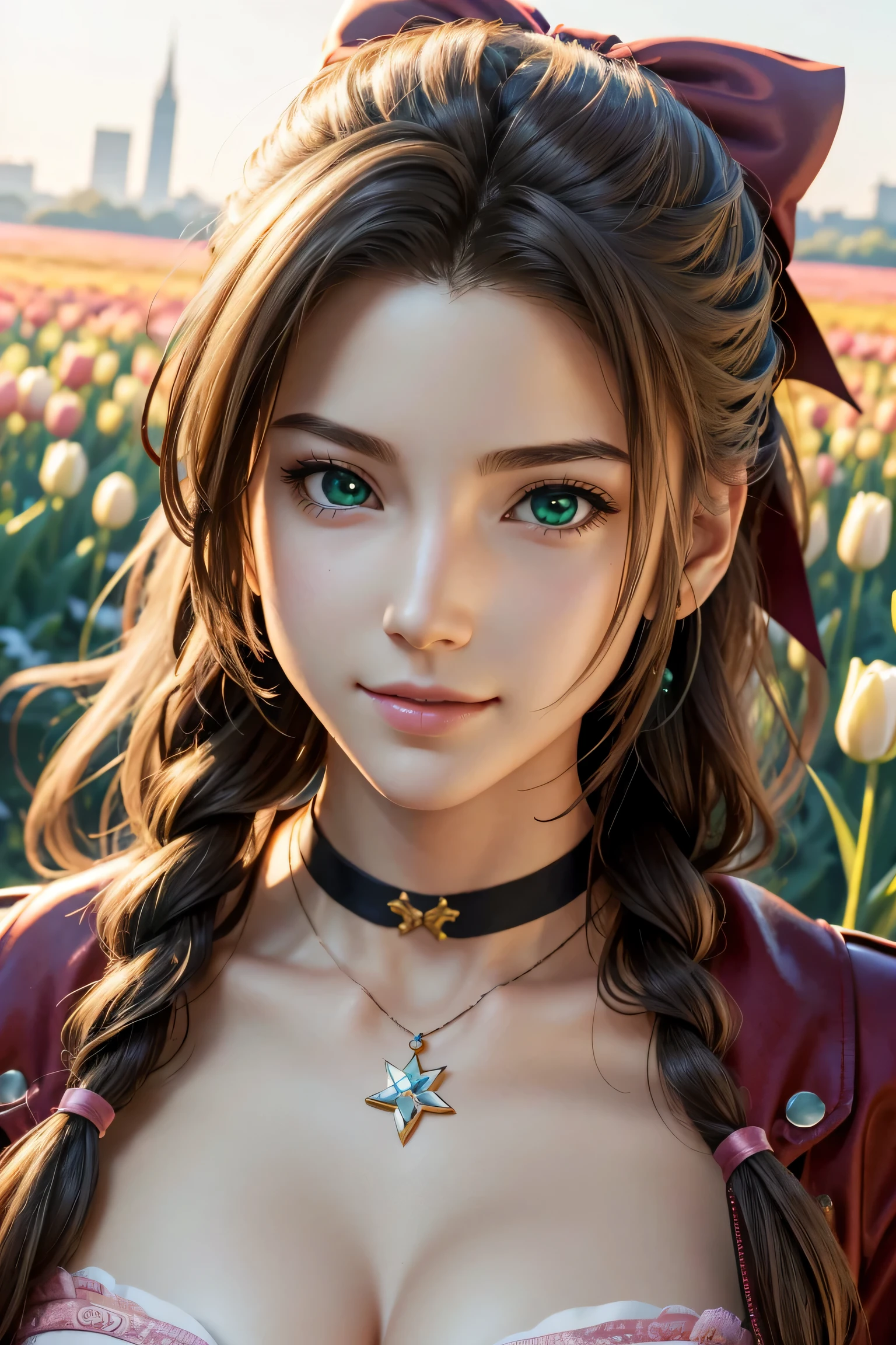 (masterpiece, 最high quality)
Air FF7, 1 girl, alone, long hair, bangs, brown hair, dress, bow, ribbon, jewelry, closed mouth, green eyes, red jacket, hair ピンクribbon, Upper body, Braid, hair bow, side lock, choker, necklace, lips, parted bangs, pink bow, portrait, ピンクdress,  realistic,Super high quality,high quality,masterpiece,digital single lens reflex,Detailed details,exquisite details,based on anatomical basis,depicted in detail,detailed face,realistic skin texture,vivid details,perfect anatomy,perfect anatomy,anatomically correct hand,anatomically correct fingers,Super detailed,Complex 3D rendering,Huge ,sexy pose,The beautiful world of Final Fantasy 7,The morning sun is beautiful,Amazing blue sky,beautiful tulip field,mysterious tulip field,beauty like a painting,Take a full body photo,nine heads and bodies,pink lip,emphasize the beautiful whole body,beautiful nails,lazy smile,
