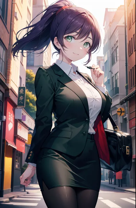 nozomitoujou, nozomi always, (green eyes:1.5), purple hair, ponytail,big breasts , smile,ol, red glasses, fundo, black suit jack...