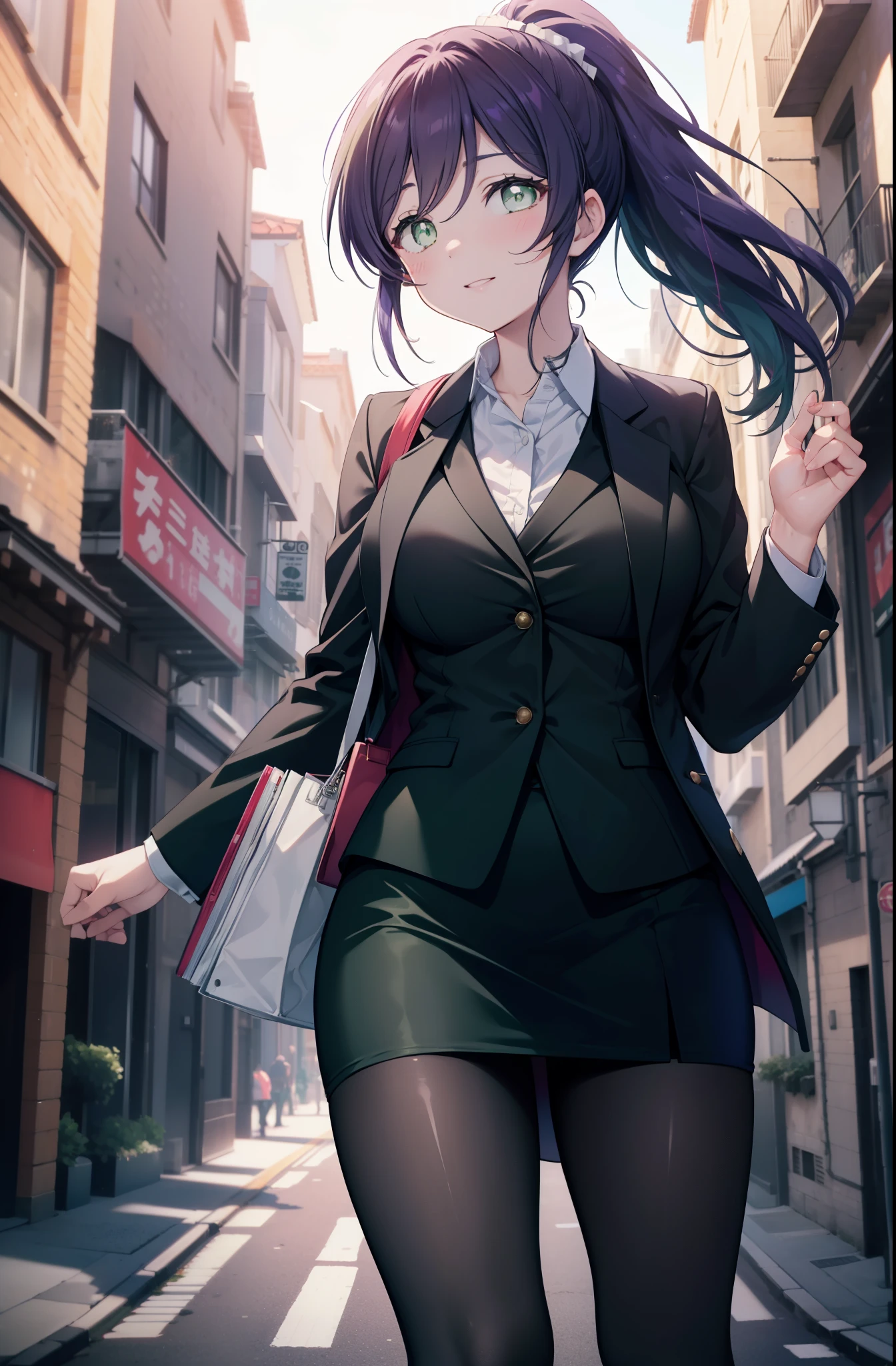 nozomitoujou, Nozomi always, (green eyes:1.5), purple hair, ponytail,big breasts , smile,OL, red glasses, Fundo, black suit jacket, collared jacket, white dress shirt, collared shirt, neckline, button, black pencil skirt, black pantyhose, stiletto heels,business bag,morning,Light of the sun,whole body,peek from below,
break outdoors, In town,building street,
break (masterpiece:1.2), highest quality, High resolution, unity 8k wallpaper, (figure:0.8), (beautiful and fine eyes:1.6), highly detailed face, perfect lighting, Very detailed CG, (perfect hands, perfect anatomy),