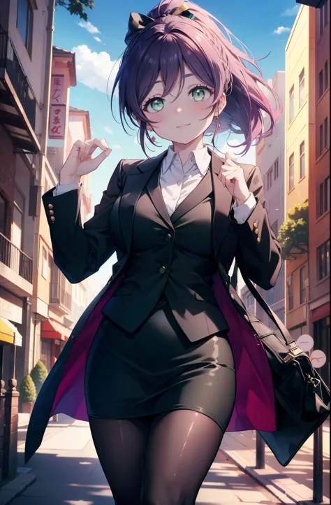 nozomitoujou, nozomi always, (green eyes:1.5), purple hair, ponytail,big breasts , smile,ol, red glasses, fundo, black suit jack...