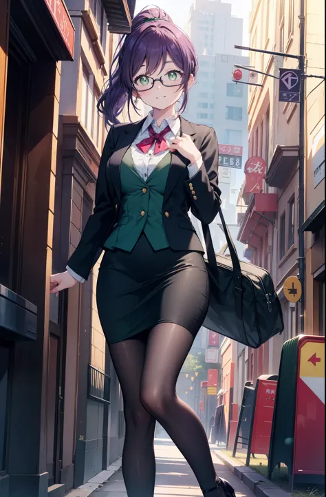 nozomitoujou, nozomi always, (green eyes:1.5), purple hair, ponytail,big breasts , smile,ol, red glasses, fundo, black suit jack...