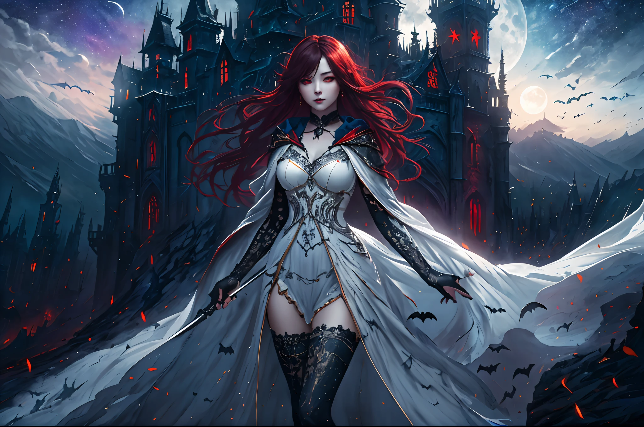 a picture of an exquisite beautiful female vampire standing under the starry night sky on the porch of her castle, dynamic angle (ultra detailed, Masterpiece, best quality), ultra detailed face (ultra detailed, Masterpiece, best quality), ultra feminine, grey skin, red hair, wavy hair, dynamic eyes color, cold eyes, glowing eyes, intense eyes, dark red lips, [fangs], wearing white dress (ultra detailed, Masterpiece, best quality), blue cloak (ultra detailed, Masterpiece, best quality), long cloak, flowing cloak (ultra detailed, Masterpiece, best quality), high heeled boots, sky full of stars background, fantasy_night, moon, bats flying about, high details, best quality, 8k, [ultra detailed], masterpiece, best quality, (ultra detailed), full body, ultra wide shot, photorealism, dark fantasy art, dark fantasy art, gothic art, many stars, dark fantasy art, gothic art, sense of dread,