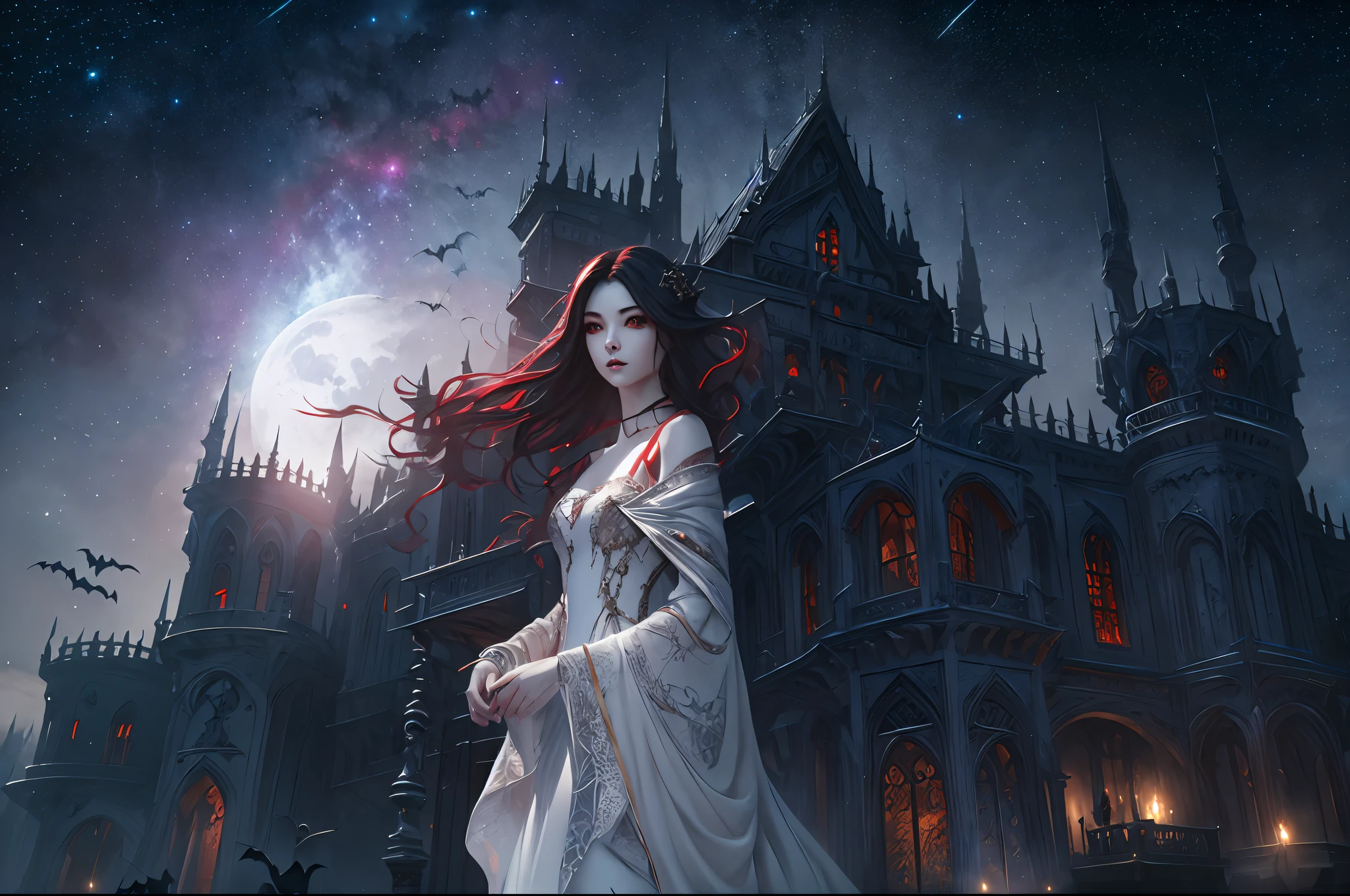 a picture of an exquisite beautiful female vampire standing under the starry night sky on the porch of her castle, dynamic angle (ultra detailed, Masterpiece, best quality), ultra detailed face (ultra detailed, Masterpiece, best quality), ultra feminine, grey skin, red hair, wavy hair, dynamic eyes color, cold eyes, glowing eyes, intense eyes, dark red lips, [fangs], wearing white dress (ultra detailed, Masterpiece, best quality), blue cloak (ultra detailed, Masterpiece, best quality), long cloak, flowing cloak (ultra detailed, Masterpiece, best quality), high heeled boots, sky full of stars background, moon, bats flying about, high details, best quality, 8k, [ultra detailed], masterpiece, best quality, (ultra detailed), full body, ultra wide shot, photorealism, dark fantasy art, dark fantasy art, gothic art, many stars, dark fantasy art, gothic art, sense of dread,