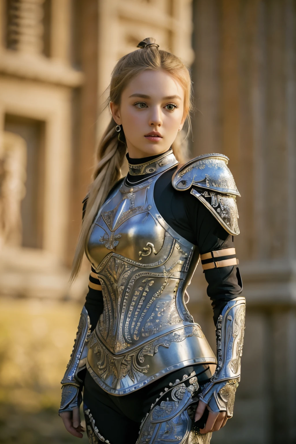 (8K, best quality:1.2), (masterpiece:1.37), (photo, photorealistic:1.37), (ultrahigh-res), full body, walking pose, shot from front, slow motion, female paladin wearing the full body, (leather armour:1.2),(leather armor), (insanely detailed, bloom:1.5), (highest quality, Alessandro Casagrande, Greg Rutkowski, Sally Mann, concept art, 4k), (analog:1.2), (high sharpness), (detailed pupils:1.1), detailed face and eyes, Masterpiece, best quality, (highly detailed photo:1.1), (long blonde Hair, ponytail,ecstatic:1.1), (young woman:1.1), sharp, (perfect body:1.1), realistic, real shadow, 3d, (temple background:1.2), (by Michelangelo), photographed by Canan EOS R6, 135mm, 1/1250s, f/2.8, ISO 400