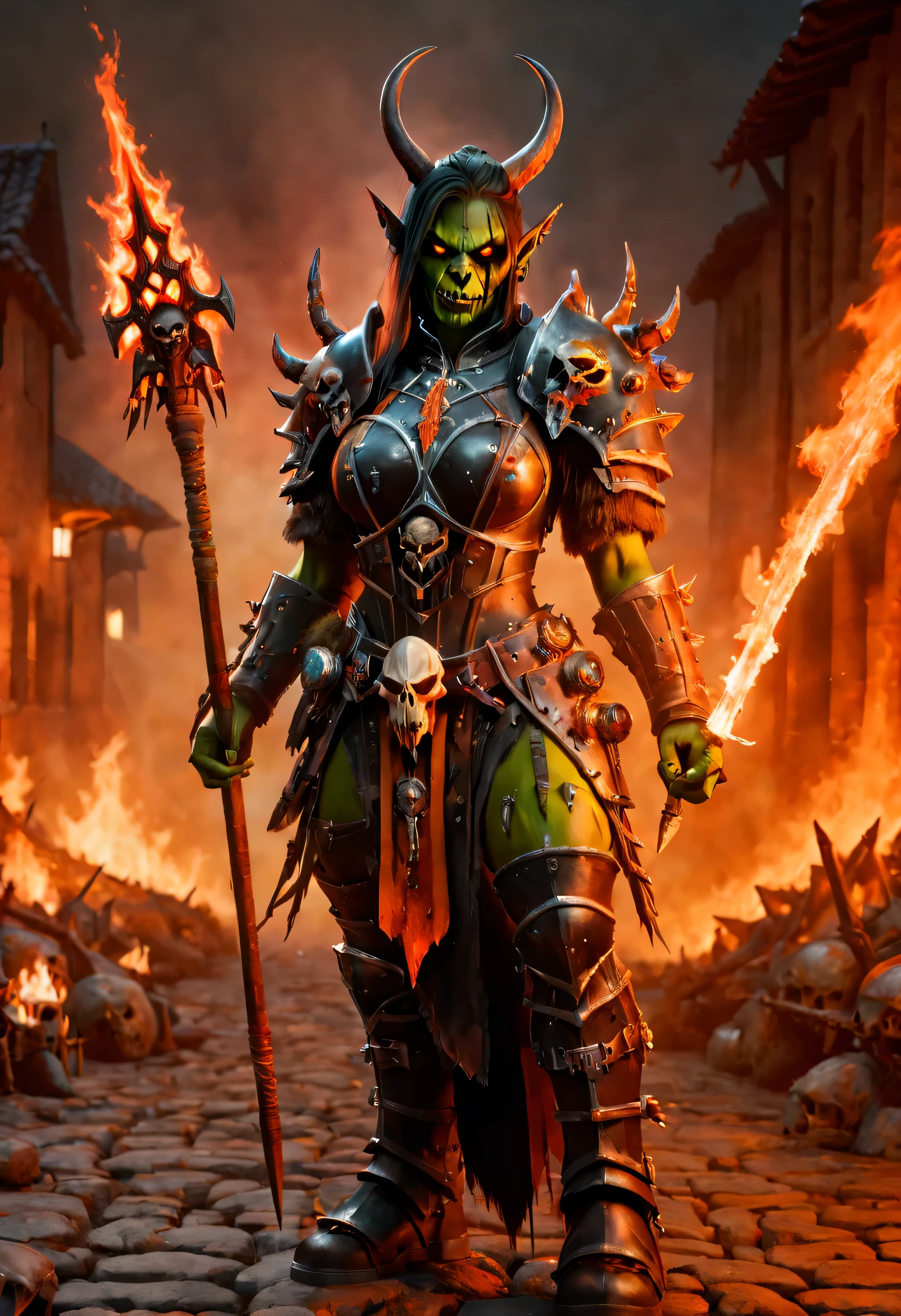 wowrcs, female orc death knight, death knight outfit, heavy armor with skulls, heavy armor, dark themed, holding sword in front of her body, war paint on her face, big horns, standing in medieval town burning in glowing orange flames subsurface scattering background high saturation