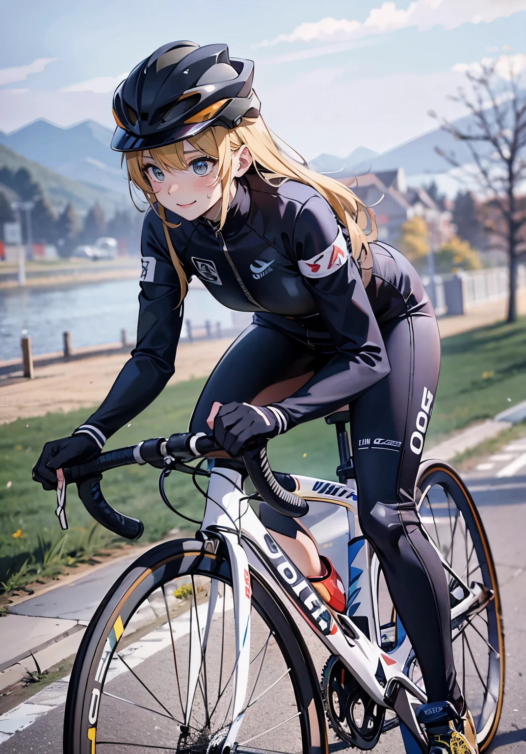 Anime girl riding a bike on a road near a lake - SeaArt AI