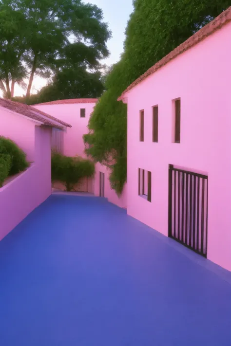 Desenhe uma cena minimalista que retrate uma rua tranquila em um bairro suburbano. The houses are represented by simple and geometric shapes, com telhados inclinados e janelas retangulares. The colors are soft and pastel, incluindo tons de azul, rosa e ama...