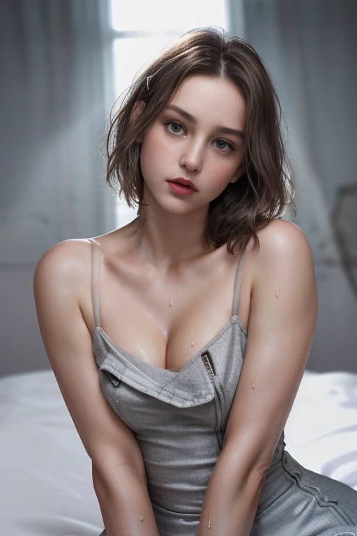 Photorealistic blurred woman, ((gray camisole dress with fur coat)), detailed short messy hair, mid shot, detailed skin, detailed slender body, pale blue eyes, natural skin texture, skin details, small breasts, wet skin, moist body, shiny skin, oily skin, mediterranean tan, realistic skin, skin pores, intricate details, raw photography, perfect female anatomy, glossy lips , luscious lips, cute nose, realistic rendering, immersive atmosphere, chiaroscuro, moody lighting, perfect female body on a winter snowy plain