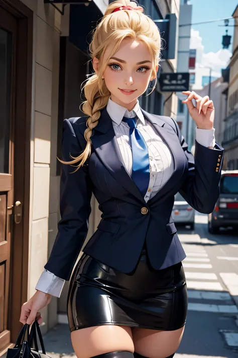 tightly buttoned shirt, plate blue shirt, big tits, massive tits, even bigger tits, red tie, pencil skirt, French braid, blonde,...