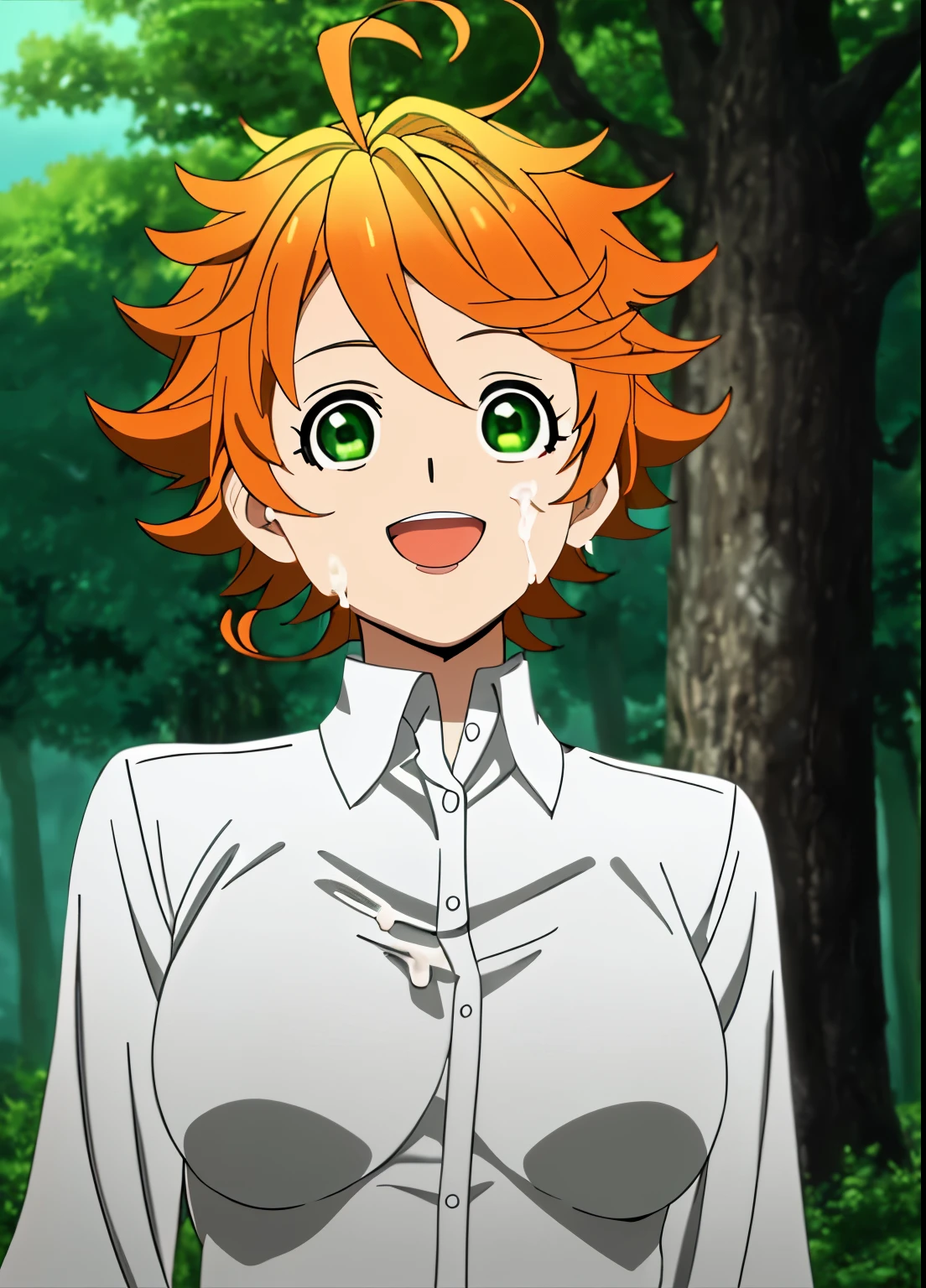 promisedNeverland masterpiece, best quality, 1girl, shirt, green eyes, solo, forest, breasts, number tattoo, nature, short hair, looking at viewer, orange hair, tree, smile, ahoge, upper body, open mouth, outdoors, nude, completely naked, small breasts, cum, cum on tits, cum covered , doused in cum