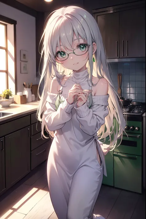 index, index, (green eyes:1.5), silver hair, long hair, (flat chest:1.2),smile,blush,off shoulder sweater,bare shoulders,bare cl...