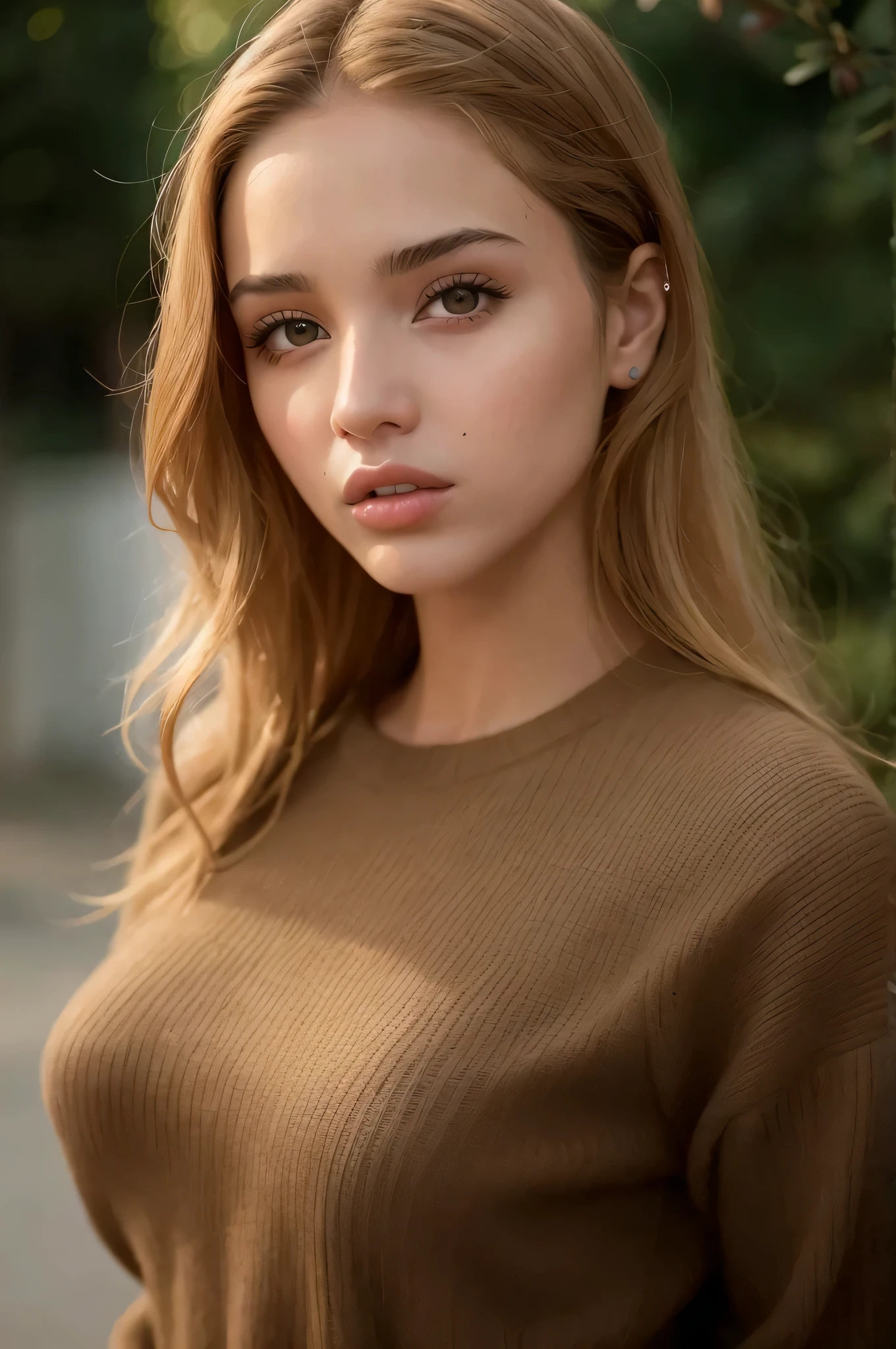 A woman with long blonde hair and a brown sweater - SeaArt AI