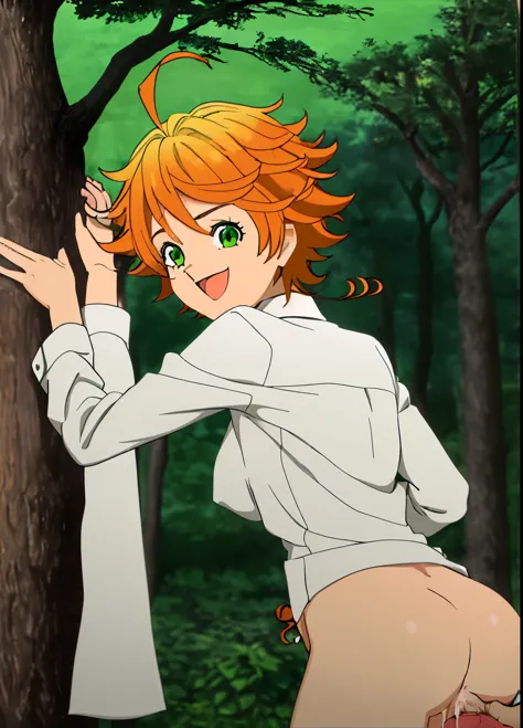 promisedNeverland masterpiece, best quality, 1girl + 1boy, green eyes, forest, nude, number tattoo, having sex with a brown boy, short hair, orange hair, tree, smile, ahoge, upper body, open mouth, outdoors, public sex, anal, cowgirl position, cowgirl sexx...