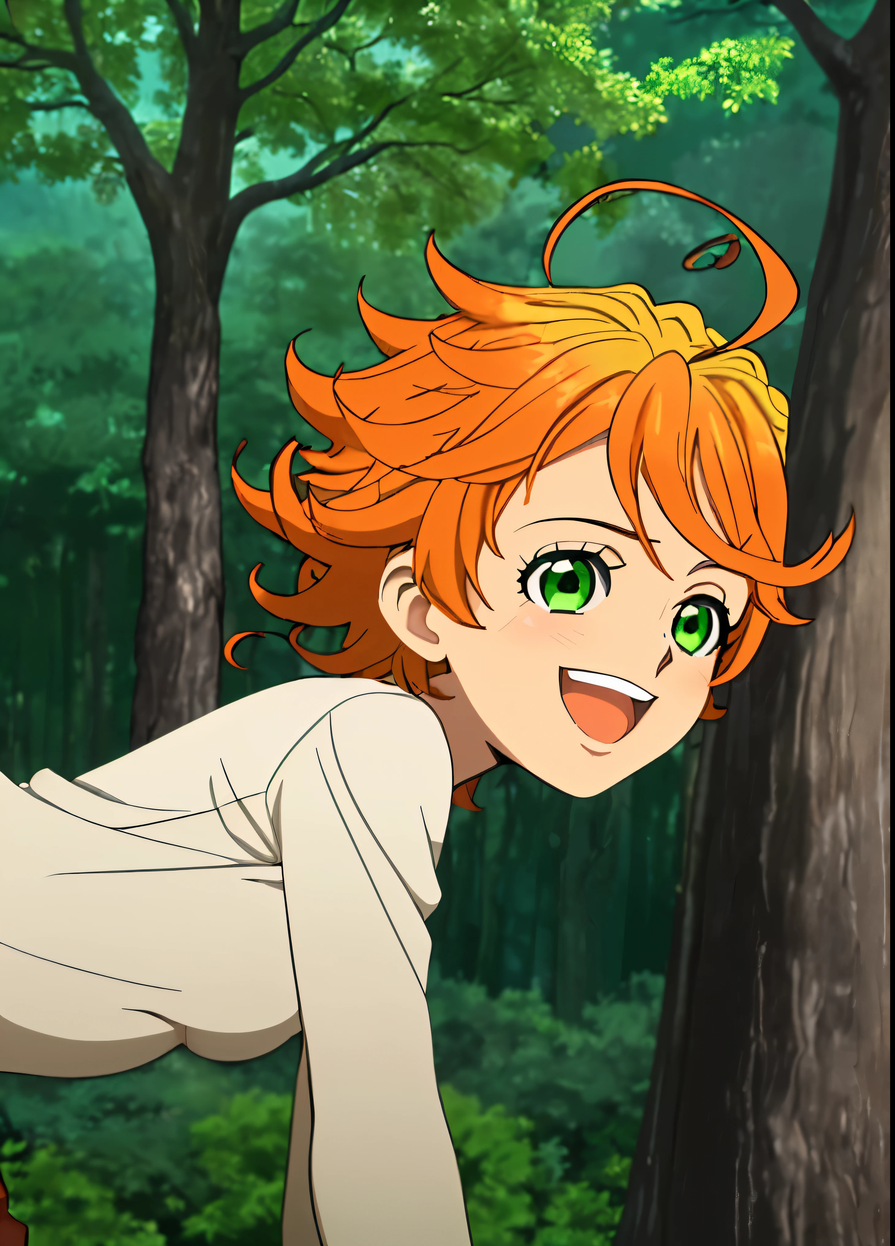 promisedNeverland masterpiece, best quality, 1girl + 1boy, green eyes, forest, nude, number tattoo, having sex with a brown boy, short hair, orange hair, tree, smile, ahoge, upper body, open mouth, outdoors, public sex, anal, cowgirl position, cowgirl sexx, anal sex, large dark penis, big penis, sex, oewnis in ass, penatration 