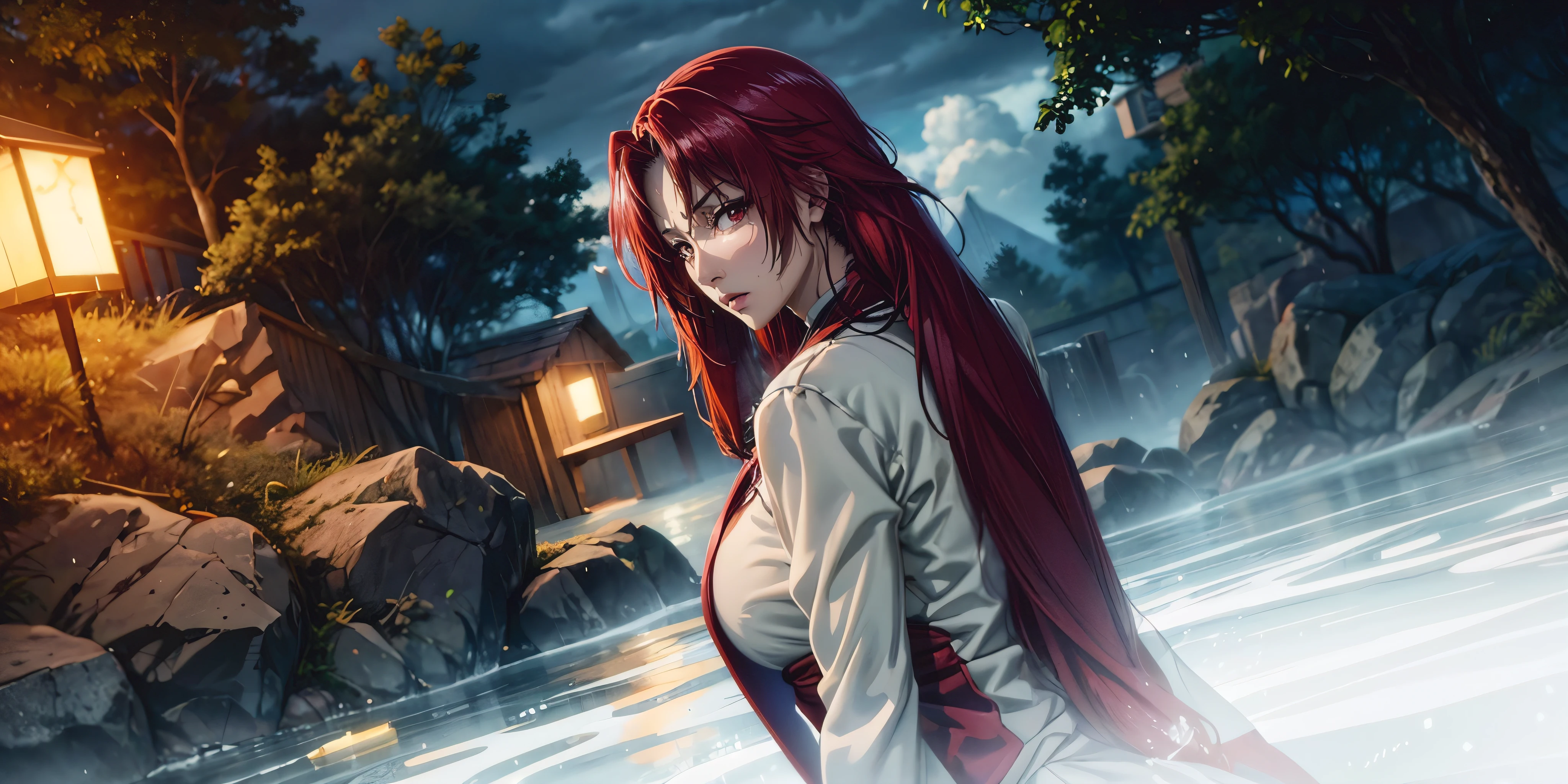 Iris, red hair, long hair, red eyes, heavy breathing, huge breasts, breast press, 1girl, wet, wet_clothes, long_hair, solo, rain, see-through, breasts, tree, sitting, outdoors, dress, wet_dress, wet_hair, looking_at_viewer, large_breasts, ass, cloudy_sky, water, white_dress, parted_bangs, arm_support, barefoot, water_drop, long_sleeves, rock, looking_back, glow effects, godrays, Hand drawn, render, 8k, octane render, cinema 4d, blender, dark, atmospheric 4k ultra detailed, cinematic, Sharp focus, big depth of field, Masterpiece, colors, 3d octane render, 4k, concept art, trending on artstation, hyperrealistic, Vivid colors, extremely detailed CG unity 8k wallpaper, trending on CGSociety, Intricate, High Detail, dramatic"", (anime coloring, anime screencap:1.4), nijijourneyV51,
