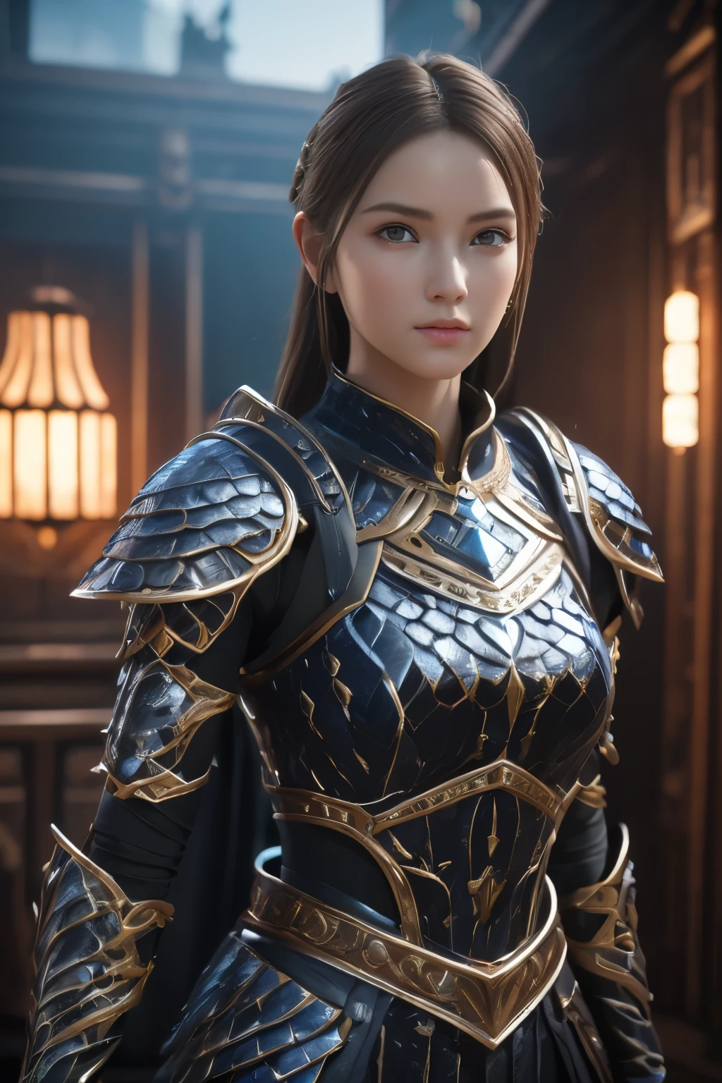 Game art，The best picture quality，Highest resolution，8k，(A bust photograph)，(Portrait:1.5)，(Head close-up)，(Rule of thirds)，Unreal Engine 5 rendering works， (The Girl of the Future)，(Female Warrior)， 
20-year-old girl，An eye rich in detail，(Big breasts)，Elegant and noble，indifferent，brave，
(Future style combat suit combining the characteristics of ancient armor，Ancient runes of light，Combat accessories with rich details，metallic luster)，Future police officer，Cyberpunk Characters，

Photo poses，Simple background，Movie lights，Ray tracing，Game CG，((3D Unreal Engine))，oc rendering reflection pattern