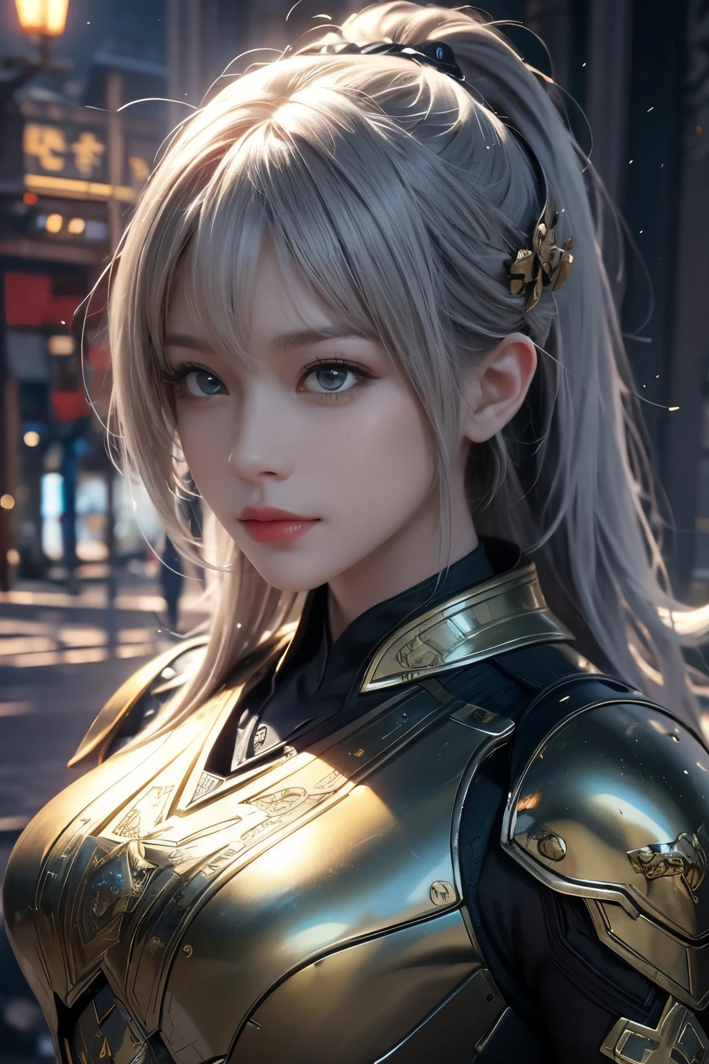 Game art，The best picture quality，Highest resolution，8K，(A bust photograph)，(Portrait:1.5)，(Head close-up)，(Rule of thirds)，Unreal Engine 5 rendering works， (The Girl of the Future)，(Female Warrior)， 
20岁少女，An eye rich in detail，(Big breasts)，优雅高贵，冷漠，勇敢的，
(Future style combat suit combining the characteristics of ancient armor，Ancient runes of light，Combat accessories with rich details，Metallic luster)，Future police officer，赛博朋克人物，

拍照姿势，简单背景，Movie lights，Ray tracing，Game CG，((3D Unreal Engine))，oc渲染反射纹