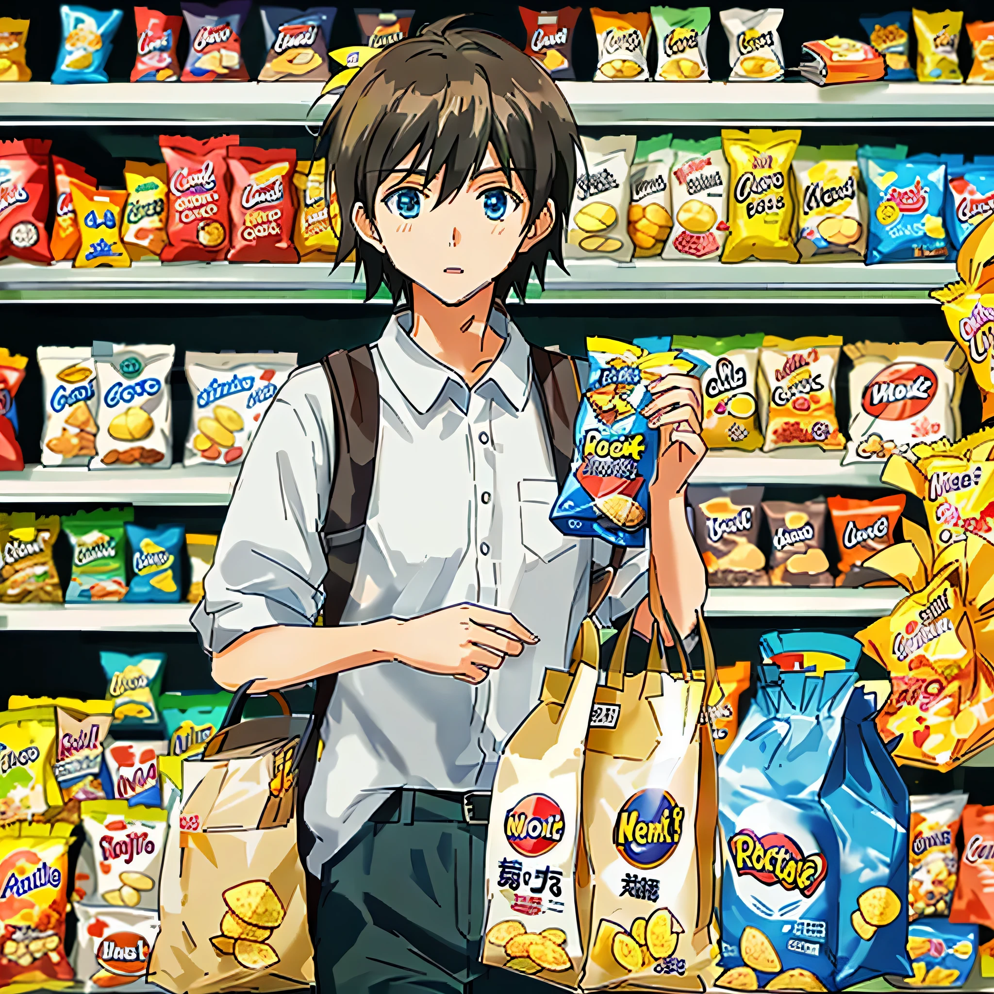 Personagem de desenho animado segurando um saco de batatas fritas em frente a uma loja, comida de anime,  loja de conveniência, anime fatia da vida, 