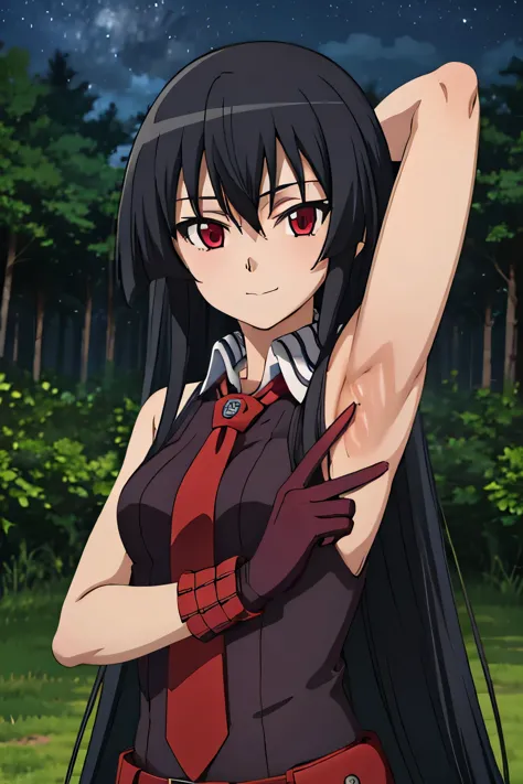 solo, 1girl, looking at viewer, 2D, anime, anime coloring, upper body, akame, necktie, sleeveless, looking at viewer, closed mouth, small smile, solo, night sky, forest, {arms behind head}, contrapposto, spread armpits,