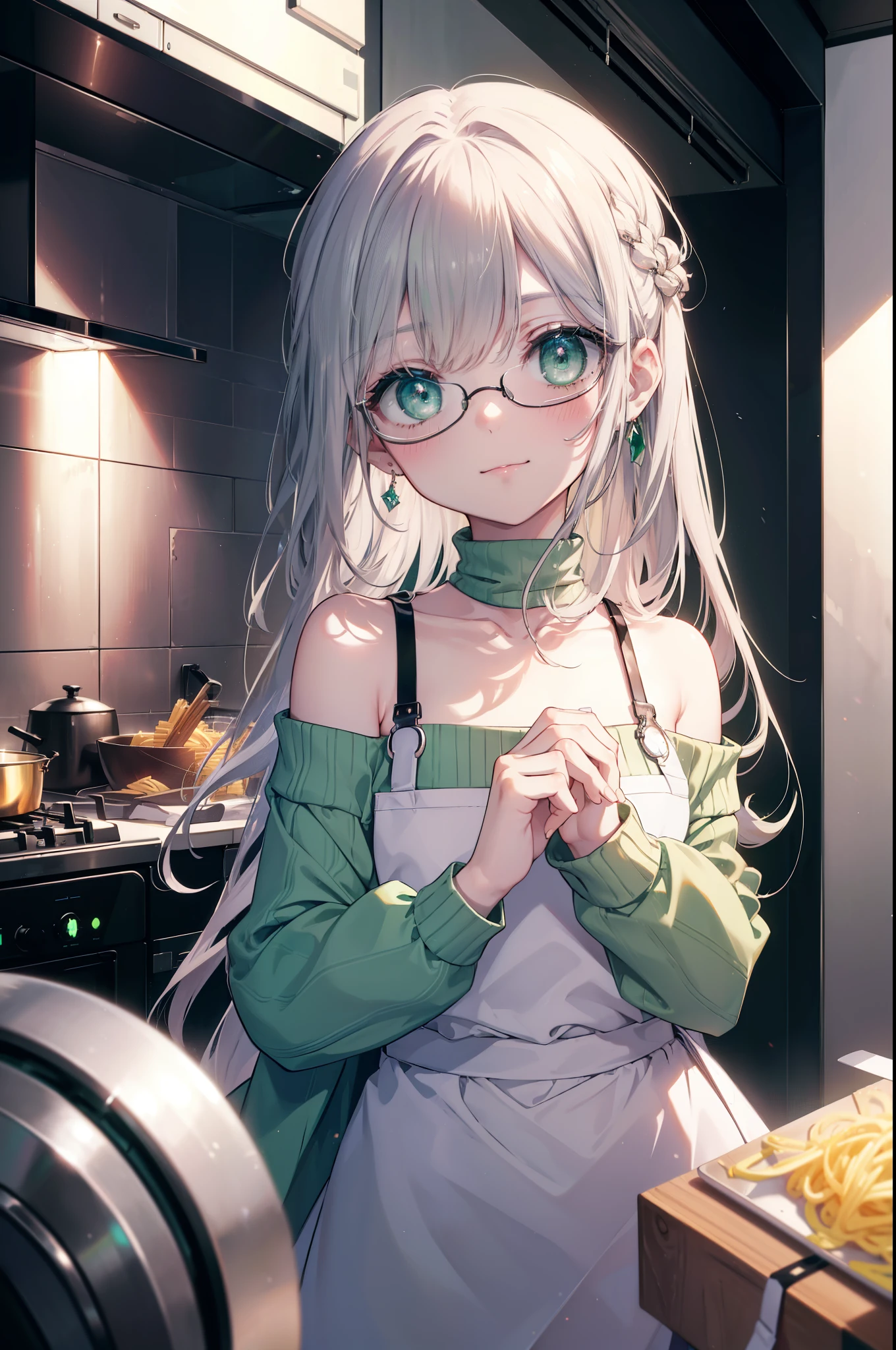 index, index, (green eyes:1.5), silver hair, long hair, (flat chest:1.2),smile,blush,off shoulder sweater,bare shoulders,bare clavicle,bare neck pink apron,skinny pants,Black Abyss Glasses,kitchen,Boil the pasta in a frying pan,
break looking at viewer, Upper body, whole body,
break indoors, kitchen,kitchen,
break (masterpiece:1.2), highest quality, High resolution, unity 8k wallpaper, (shape:0.8), (beautiful and detailed eyes:1.6), highly detailed face, perfect lighting, Very detailed CG, (perfect hands, perfect anatomy),