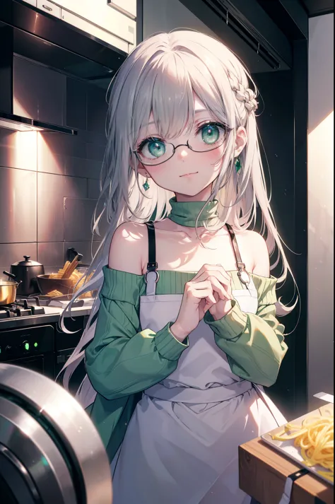 index, index, (green eyes:1.5), silver hair, long hair, (flat chest:1.2),smile,blush,off shoulder sweater,bare shoulders,bare cl...