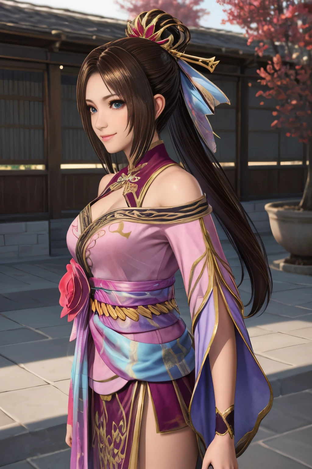 Diaochan from Sangoku Musou 8,masterpiece、1 cute girl、17 year old high school student、smile,fine eyes、puffy eyes、bright outdoors,Bright downtown、highest quality, 超High resolution, (reality: 1.4), movie lighting、Japanese、asian beauty、Korean、super beautiful、beautiful skin、body facing forward、whole body,Upper body、(超reality的な)、(High resolution)、(8K)、(very detailed)、(美しくfine eyes)、(Super detailed)、 (wall-)、detailed face、bright lighting、professional lighting、looking at the viewer、look straight ahead、slanted bangs、brown hair、Nogizaka idol、