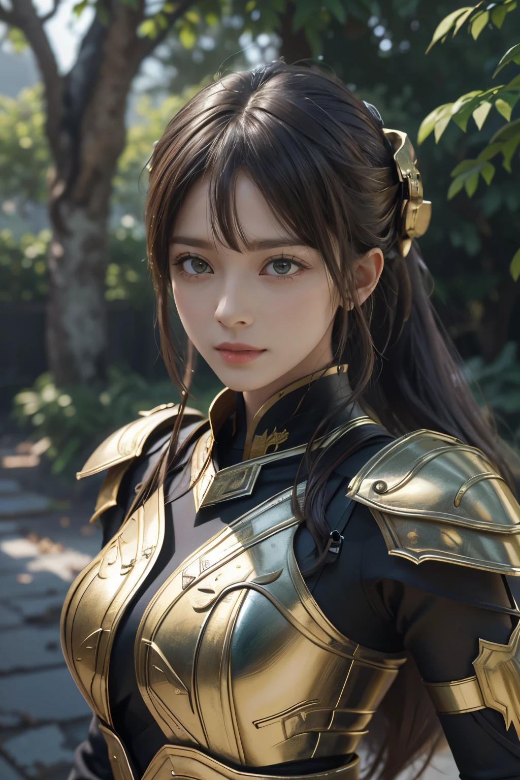 Game art，The best picture quality，Highest resolution，8K，(A bust photograph)，(Portrait:1.5)，(Head close-up)，(Rule of thirds)，Unreal Engine 5 rendering works， (The Girl of the Future)，(Female Warrior)， 
20岁少女，An eye rich in detail，(Big breasts)，优雅高贵，冷漠，勇敢的，
(Future style combat suit combining the characteristics of ancient armor，Ancient runes of light，Combat accessories with rich details，Metallic luster)，Future police officer，赛博朋克人物，

拍照姿势，简单背景，Movie lights，Ray tracing，Game CG，((3D Unreal Engine))，oc渲染反射纹