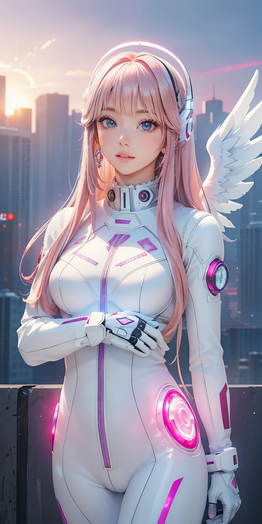 ((masterpiece, best quality, extremely detailed), volumetric lighting, ambient occlusion, colorful, glowing), 
1girl, solo, young girl, (pink hair), long hair, halo, aura, sacred, godness, cyber suit, (white outfit:1.3), android, bot, angel wings,
outdoors, sunset, sky, clouds, space, (cyberpunk theme:1.2),