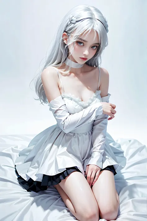 1girl, maid, dress, on knees, white hair, in bed