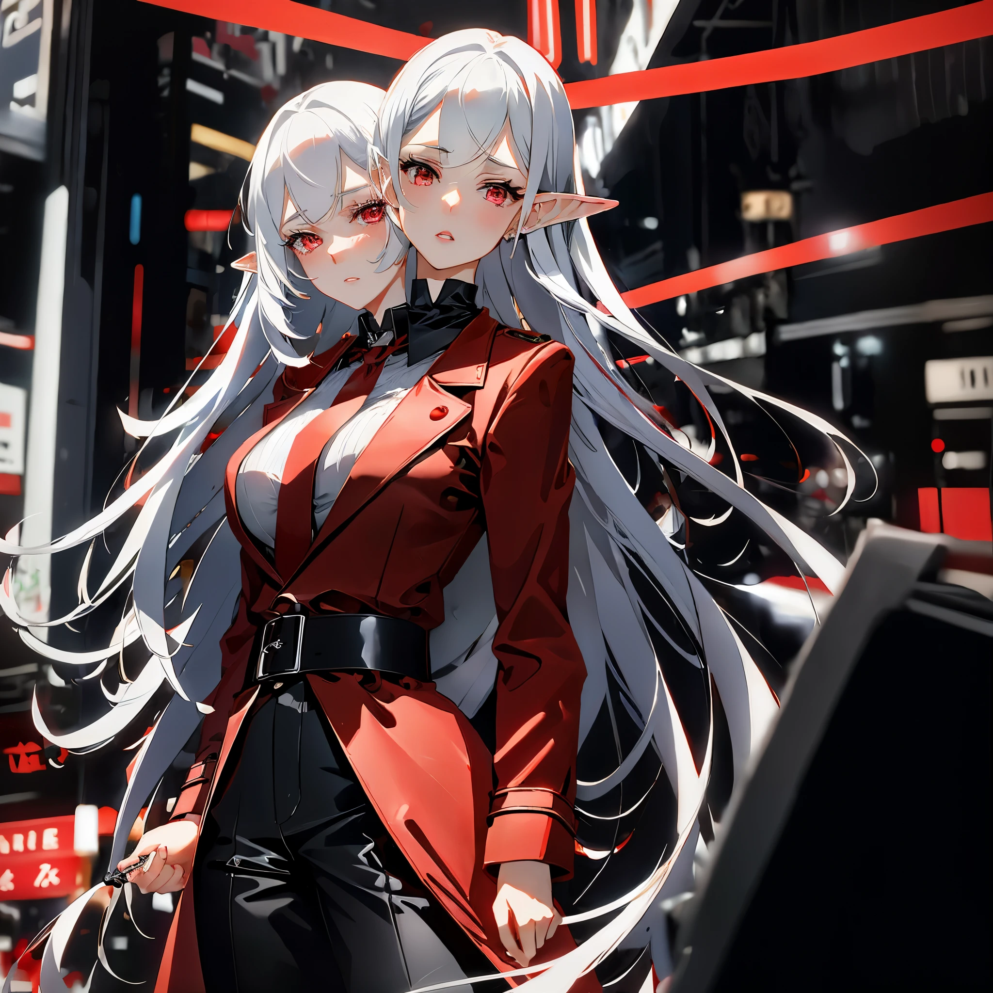 (2heads:1.1), 1girl, solo, long white hair, straight bangs, elf ears, pale skin, red eyes, red nails, thin red ribbon in hair, black choker, earrings, (trenchcoat), white shirt, wristwatch, red tie, leather belt, black shorts, emotionless, looking at viewer, raised eyebrows, dark rainy city background, walking, smoking cigarette, illustration, masterpiece, high quality, absurdres, 4k, 8k, half body shot, portrait