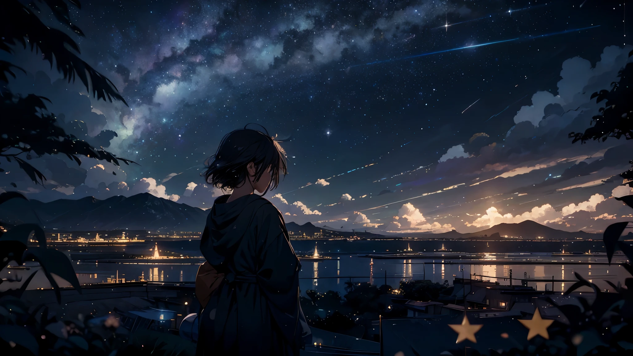 full of stars, A girl thinks about space, fluffy, realistic, airglow refraction, Nikon d850 film stock photo by Lee Jeffries ,beautiful anime scenery
