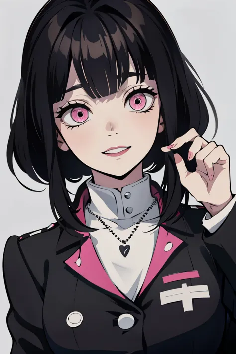 white young woman, ashley graves hairstyle, pink eyes, crazy face, psicho smile, demon slayer uniform, sword, black hair, black ...