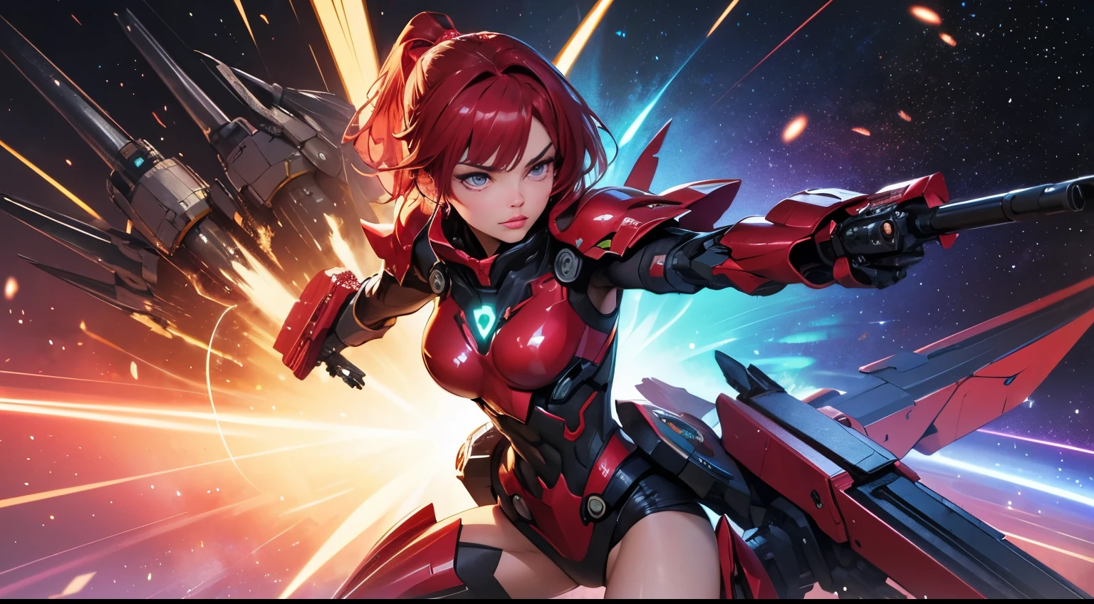 1 supercute girl wear a Red Ruby Rose armor, mechanical wing, Space War Background, Rainbow Aura Body, Supernove Power, Light Red Hair, Red Eye, Perfect Body, Sexy, neon glow, Shooting Beam Cannon, Sad mood, very detailed, Fighting stance, mecha musume, detailed eyes, detailed face, Anime Art, Anime Style, Anime.