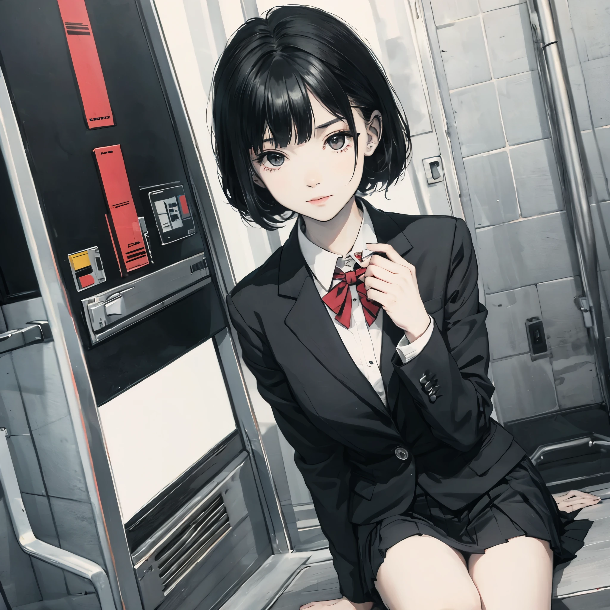 ((solo, 1girl)), face, asian, standing, school uniform, black blazer, black pleated skirt, red bow on collar, bob short hair, bob haircut:1, average height, black hair,
