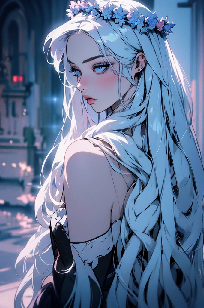 hyper-realistic  of a mysterious woman with flowing silver hair, piercing blue eyes, and a delicate floral crown, backwards, looking back, upper body