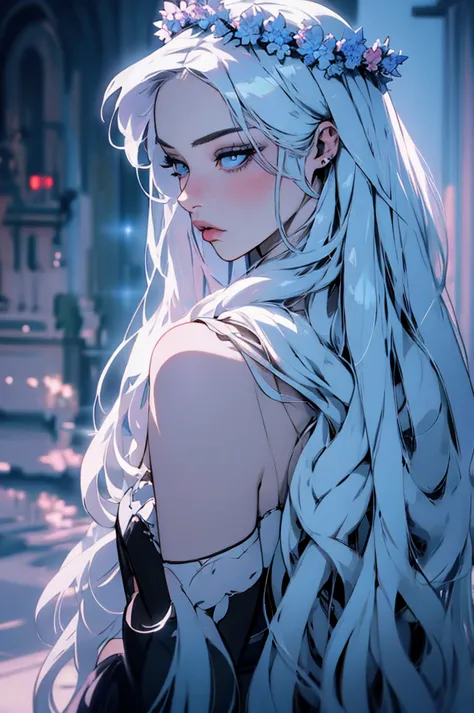 hyper-realistic  of a mysterious woman with flowing silver hair, piercing blue eyes, and a delicate floral crown, backwards, loo...