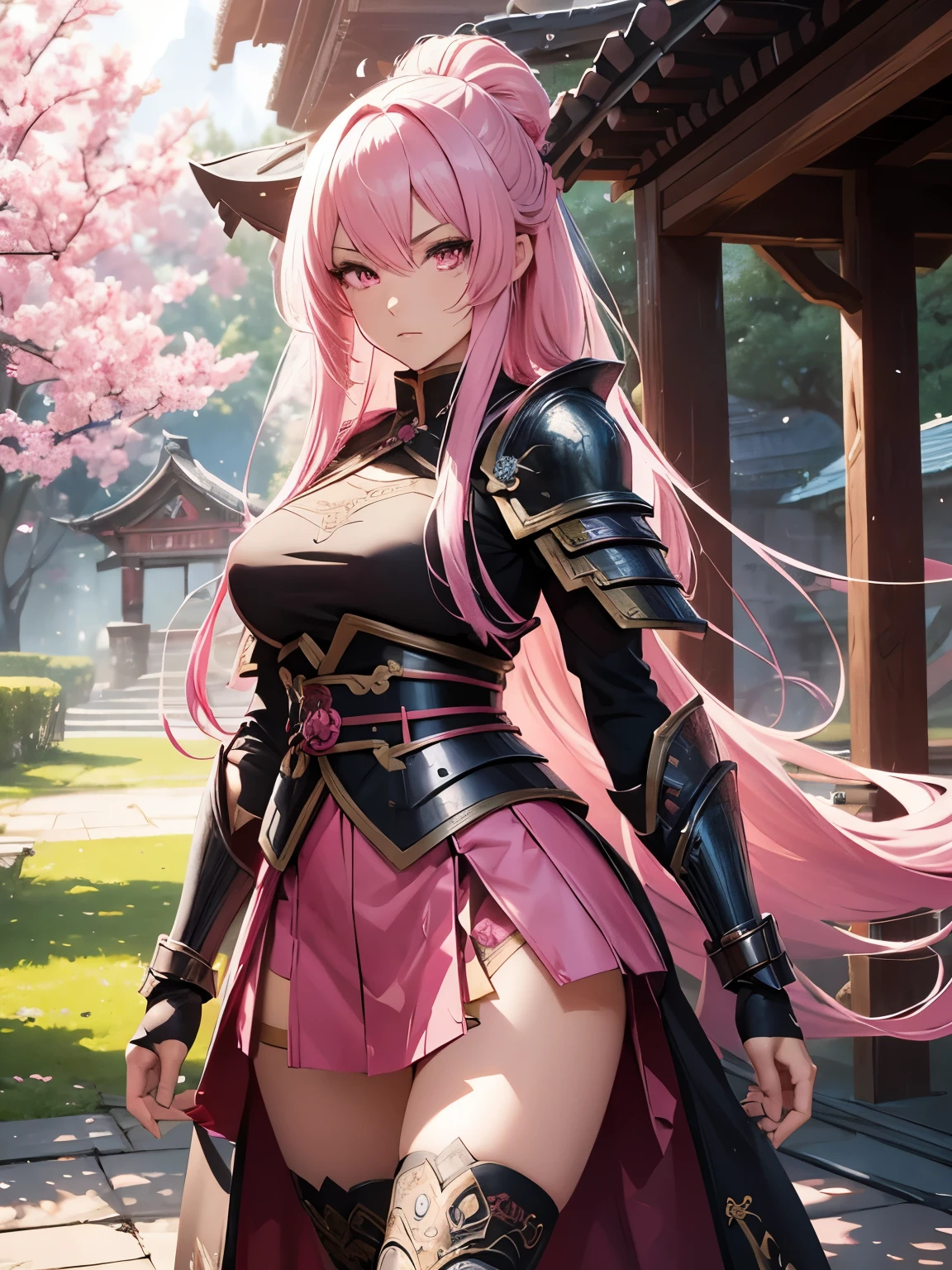 Digital art, 4K/8K, solo, RPG, fantasy, warrior girl, very long pink hair, pink eyes, kitsune woman, determined, heroic, intricate samurai armor, sexy armor, intricate miniskirt, sakura tree scenery, intricate stocking