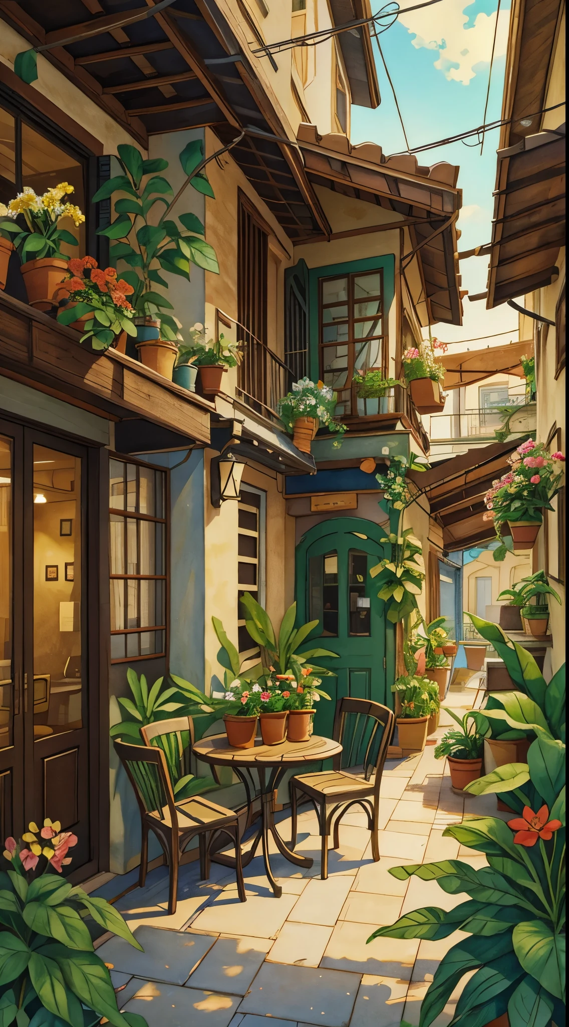 JZCG021,Flower Store,Coffee Spot,A table,chairs,no one,windows,Flowers,vegetation,flower pot,watercolor (medium),landscapes,Gate,air conditioner,illustration (medium),traditional media,home,exteriors,balcony,architecture,Masterpiece,Best Quality,High Quality,vegetation,, Masterpiece,Best Quality,High Quality,