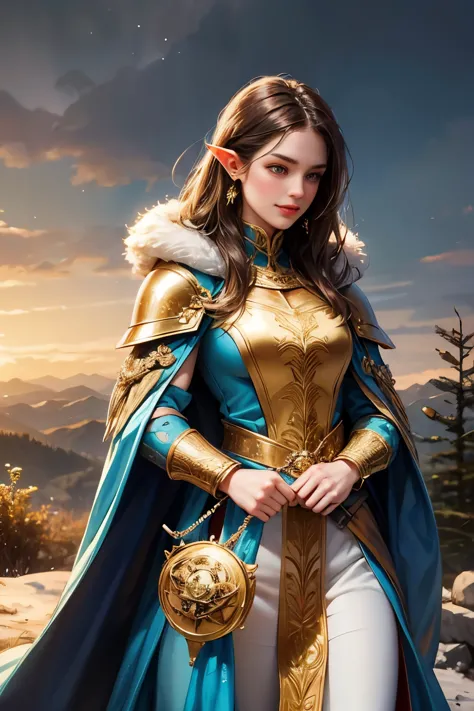 a attractive beautiful elf girl with brown hair and grey eyes dressed in fine elegant gold armour with blue electric pattern eng...