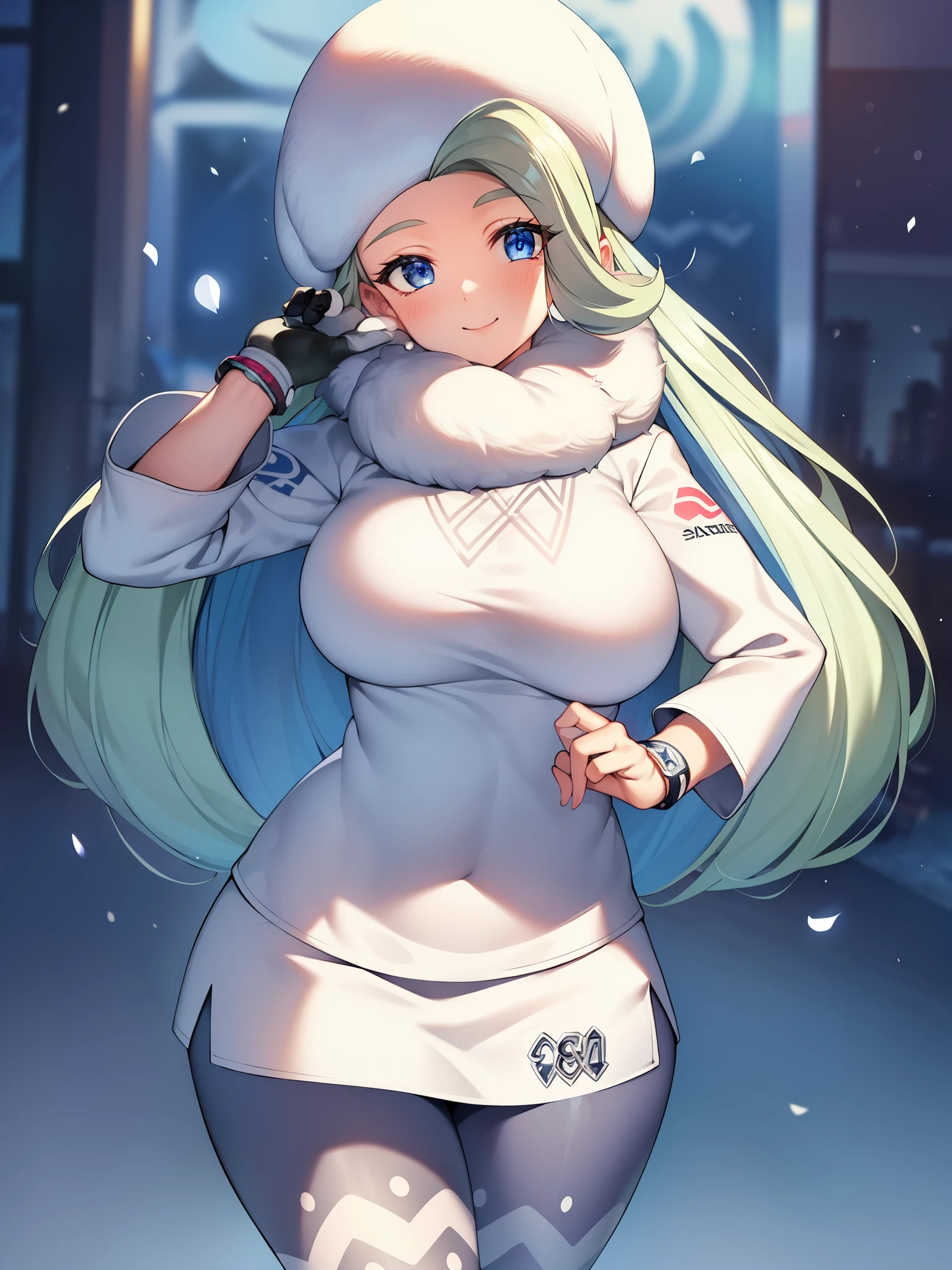pokemon melon、pokemon melon、blue eyes、eyelash、long hair、colorful hair、striped hair、gray hair、(big breasts:1.2)、open your mouth、smile、BREAK earrings、gloves、hat、gem、long sleeve、pantyhose、pantyhose under shorts、scarf、short pants、single glove、Snow Crystal、sweater、white hat、White scarf、White sweater、BREAK Outdoor、city、snow、BREAK Look at the viewer、(cowboy shot:1.5)、BREAK (master piece:1.2)、highest quality、High resolution、Unity 8k wallpaper、(An illustration:0.8)、(beautiful detailed eyes:1.6)、highly detailed face、perfect lighting、highly detailed CG、(perfect hands、perfect anatomy)、