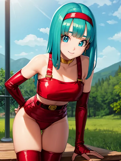 masterpiece, best quality, highest quality, photorealistic, perfect anatomy, perfect face, perfect eyes,
aqua hair, brabulladbgt, red hairband, red gloves, red crop top,  blue eyes, skirt, hoop earrings, choker, 1girl, outdoors, sexy pose, (((panties)))