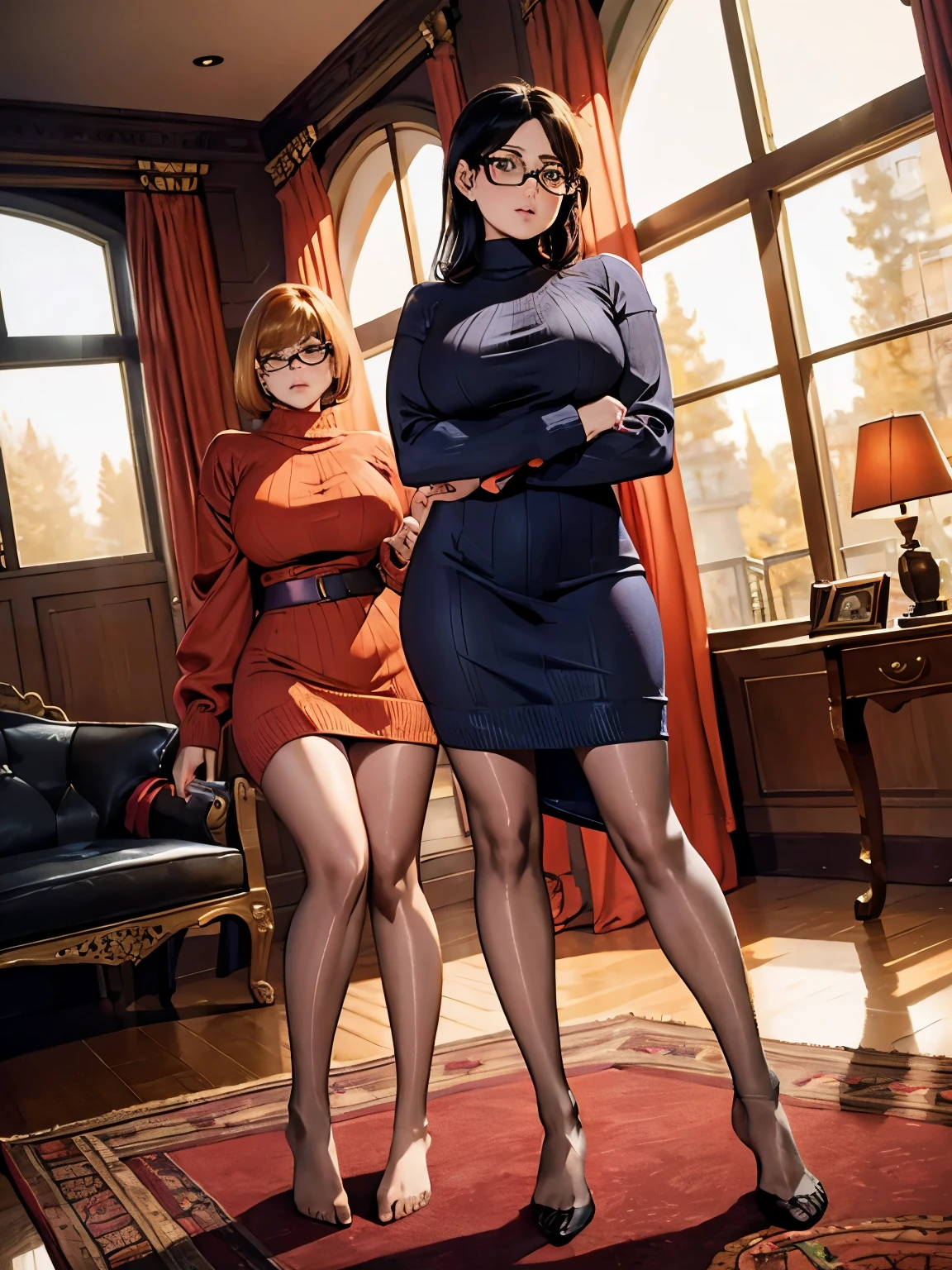 Show entire body, feet in view, Velma and Daphne, sweater dresses, both wearing pantyhose, no shoes, luxurious house, huge windows