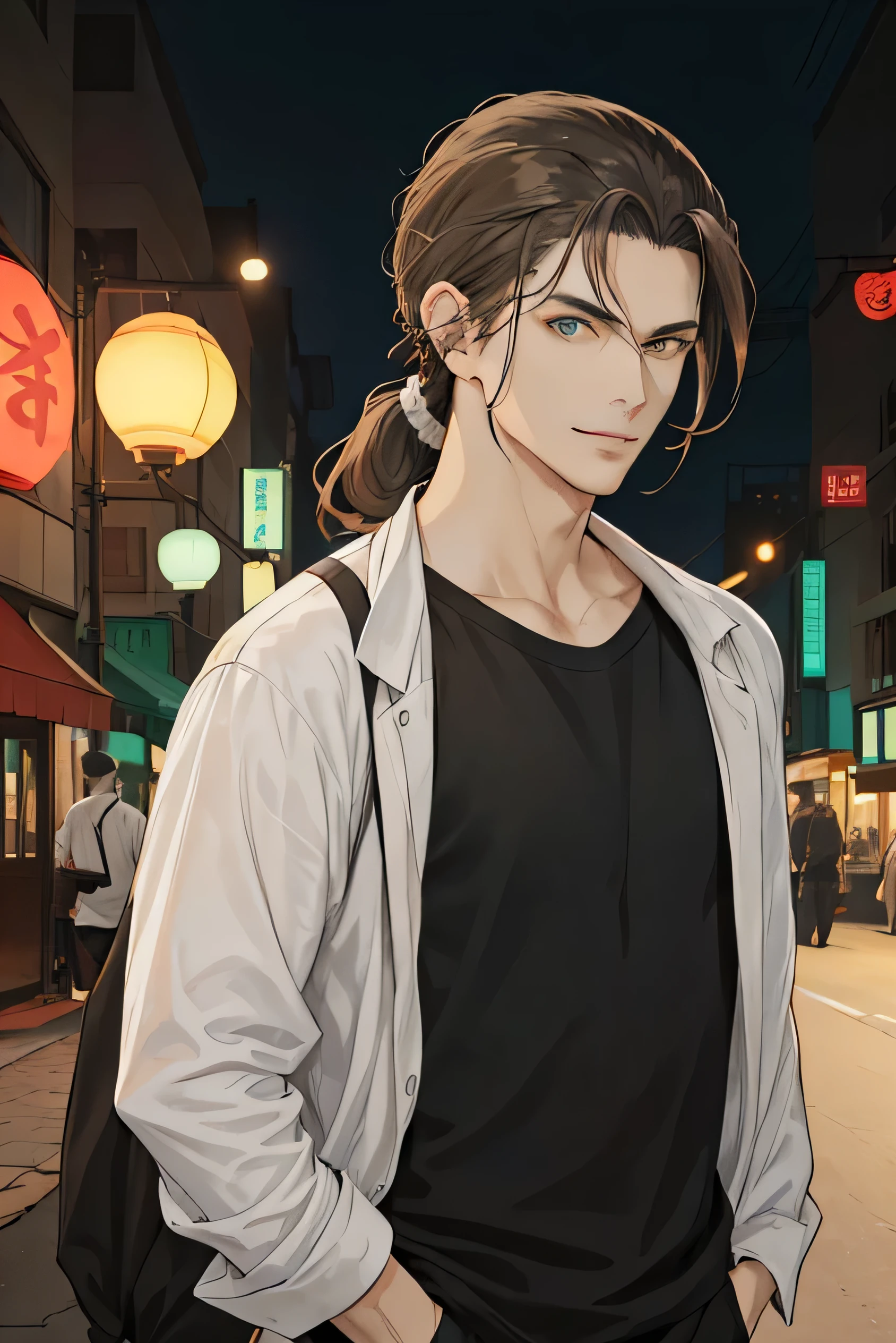 Anime guy with long hair and a backpack walking down a street - SeaArt AI