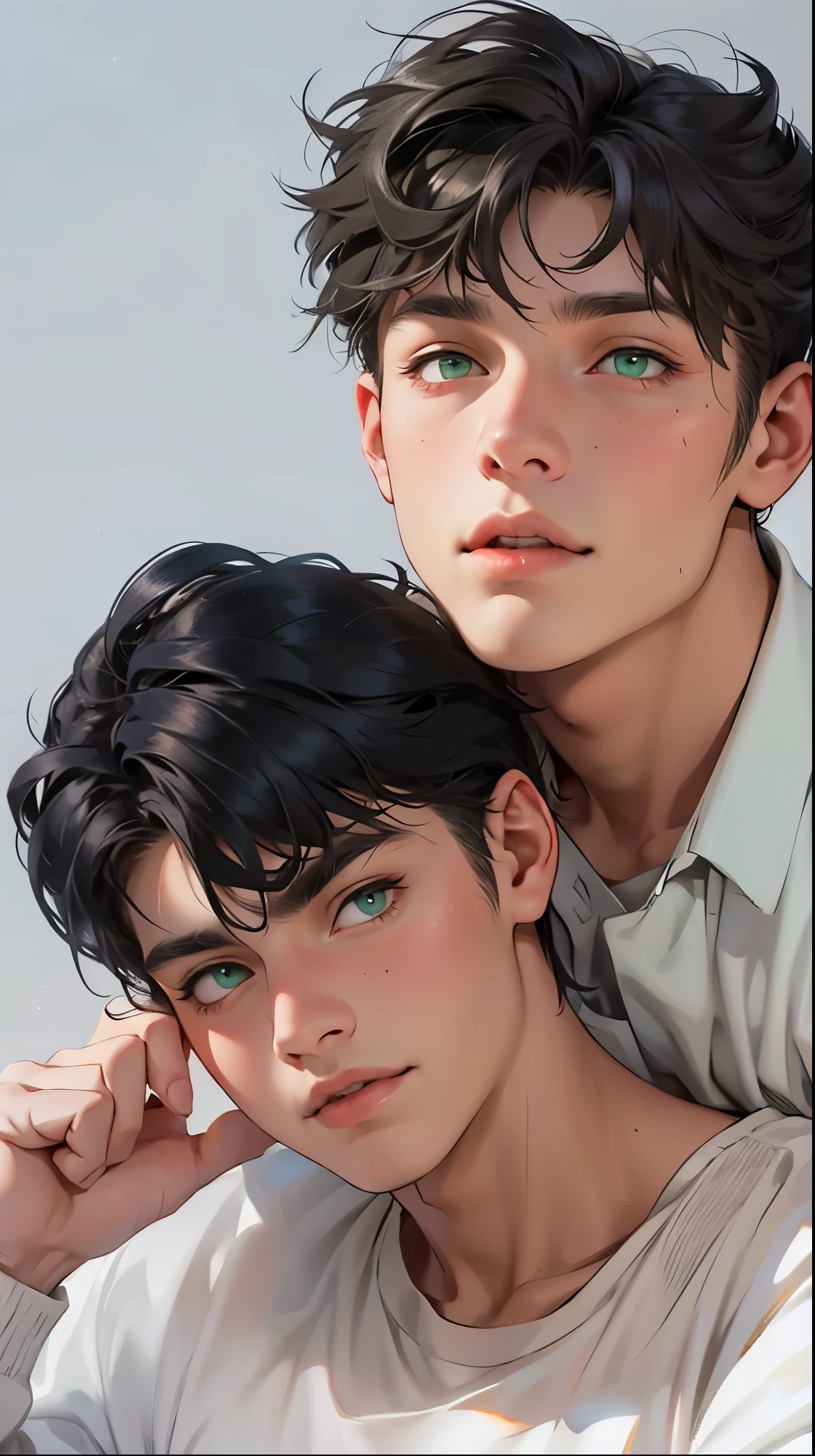 There are two cute 16 year old boys, they are a couple, white hair, green eyes, they are talking lovingly, they open their mouths, one tells a story to the other.