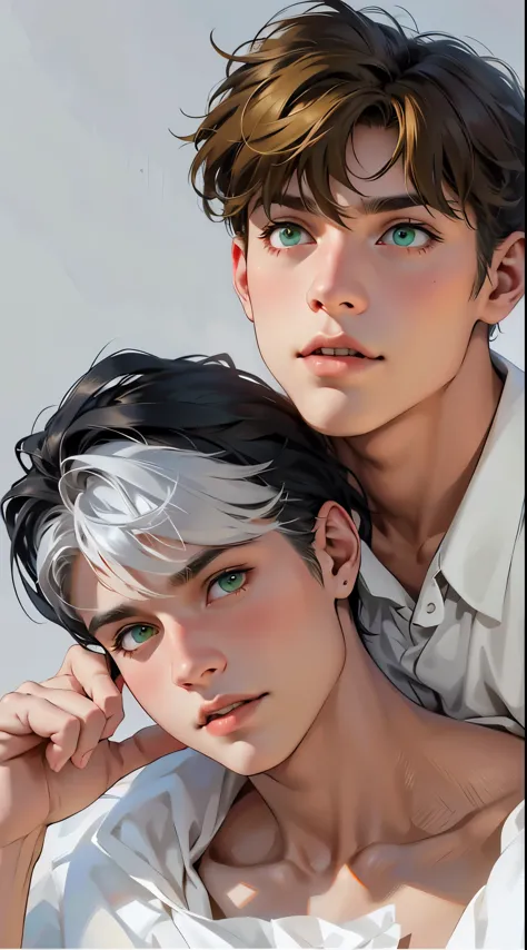 They are talking. They open their mouths. There are two cute 16-year-old boys. They are a couple. They are a couple. White hair....